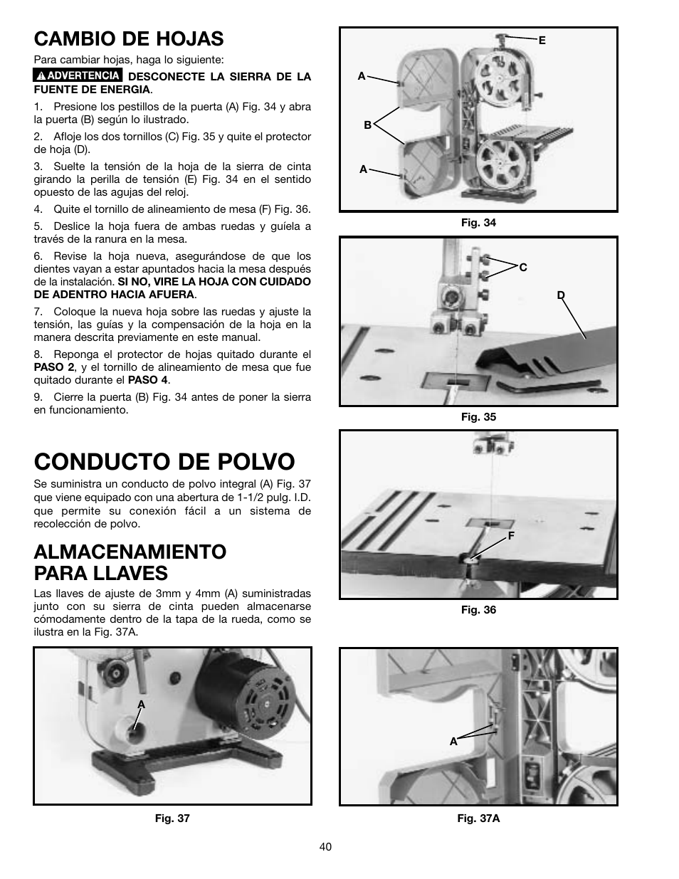 Conducto de polvo, Cambio de hojas, Almacenamiento para llaves | Delta ShopMaster SM400 User Manual | Page 40 / 72