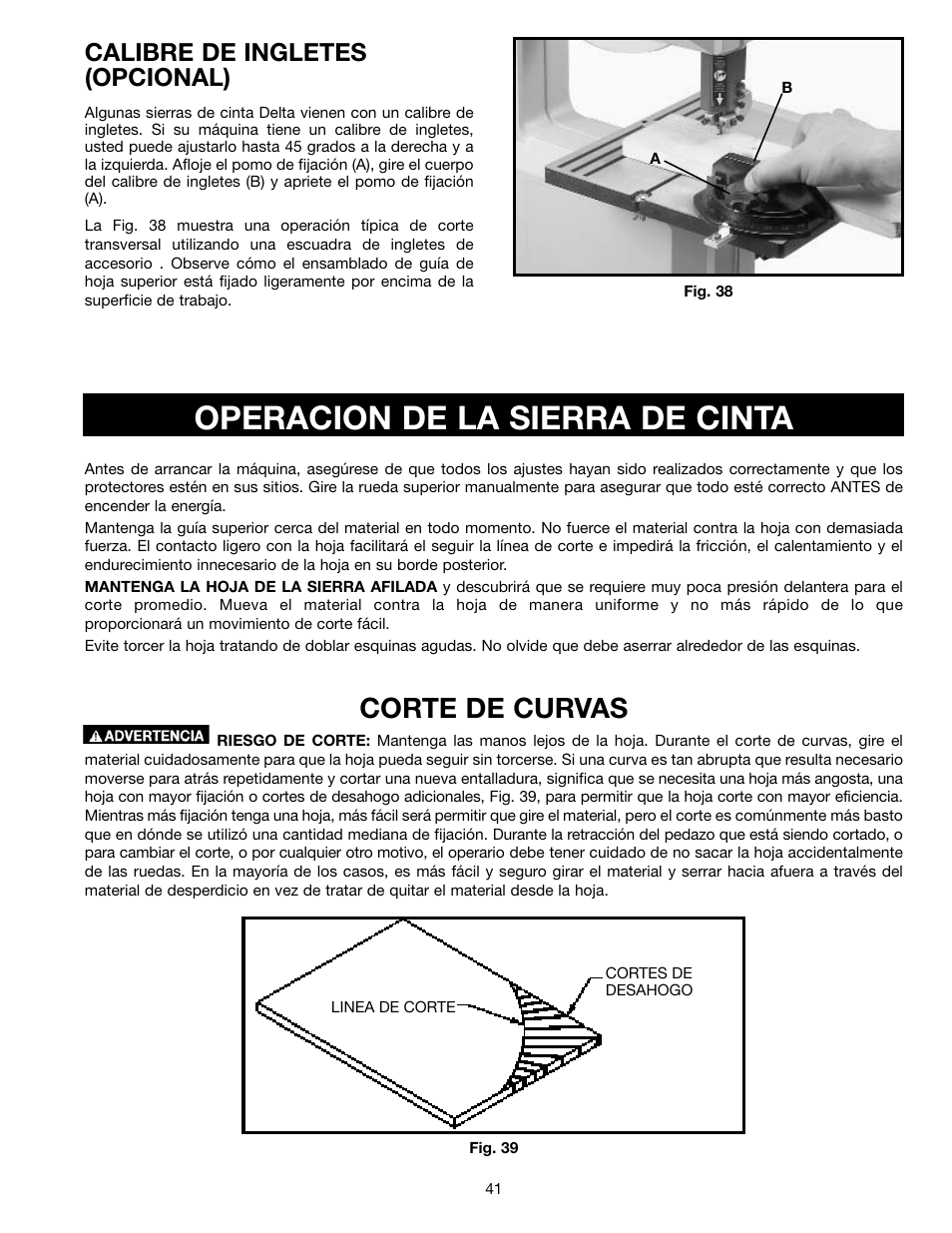 Operacion de la sierra de cinta, Corte de curvas, Calibre de ingletes (opcional) | Delta ShopMaster SM400 User Manual | Page 41 / 72