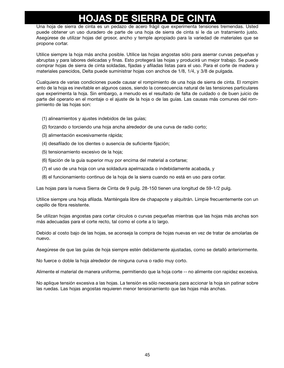 Hojas de sierra de cinta | Delta ShopMaster SM400 User Manual | Page 45 / 72