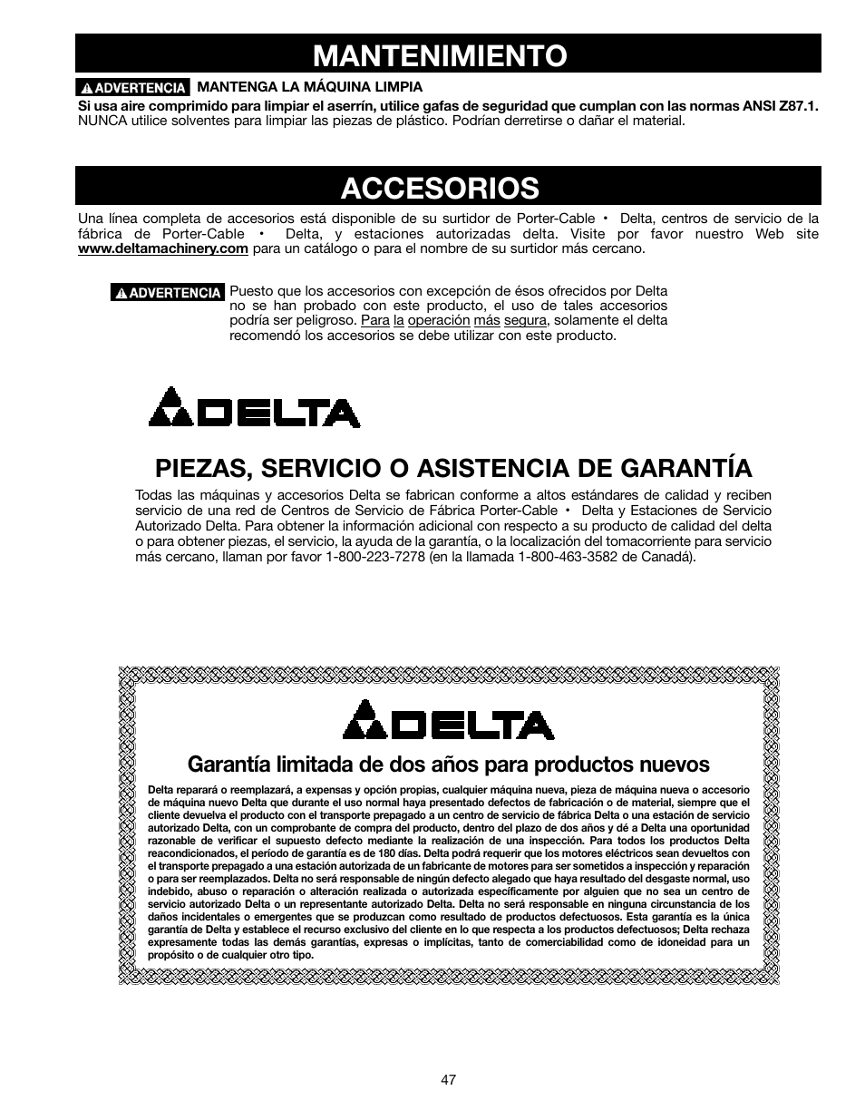 Accesorios, Mantenimiento, Piezas, servicio o asistencia de garantía | Delta ShopMaster SM400 User Manual | Page 47 / 72