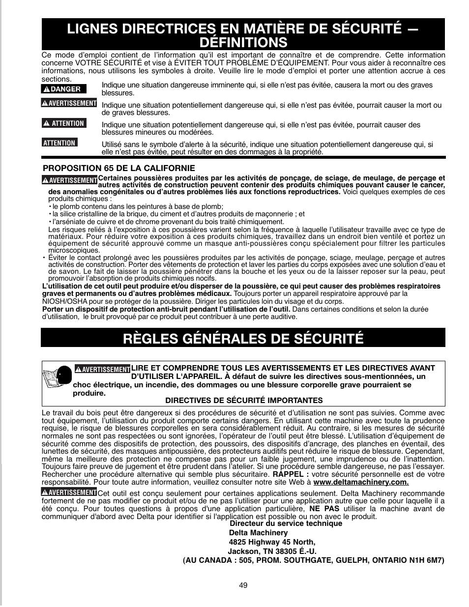 Règles générales de sécurité | Delta ShopMaster SM400 User Manual | Page 49 / 72