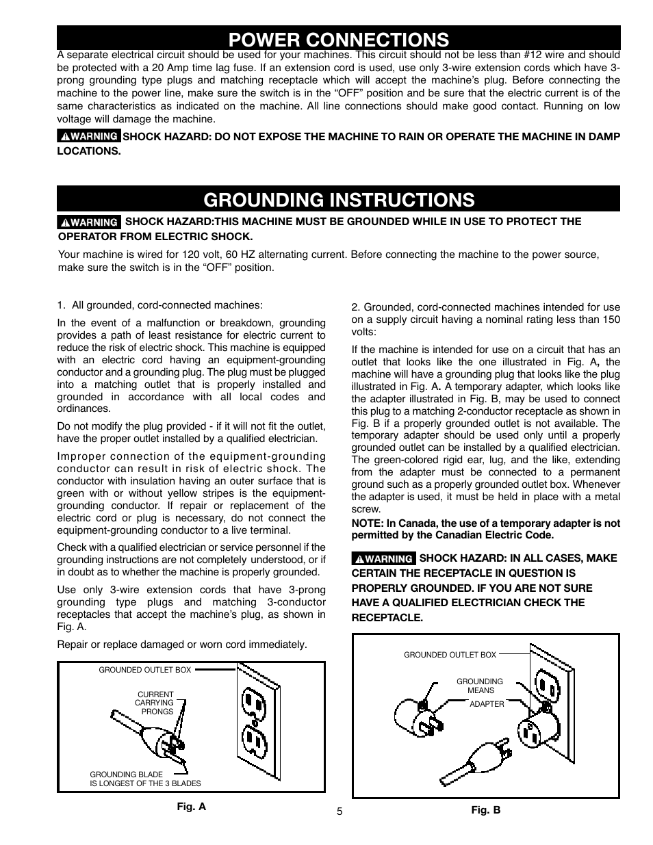 Power connections, Grounding instructions | Delta ShopMaster SM400 User Manual | Page 5 / 72