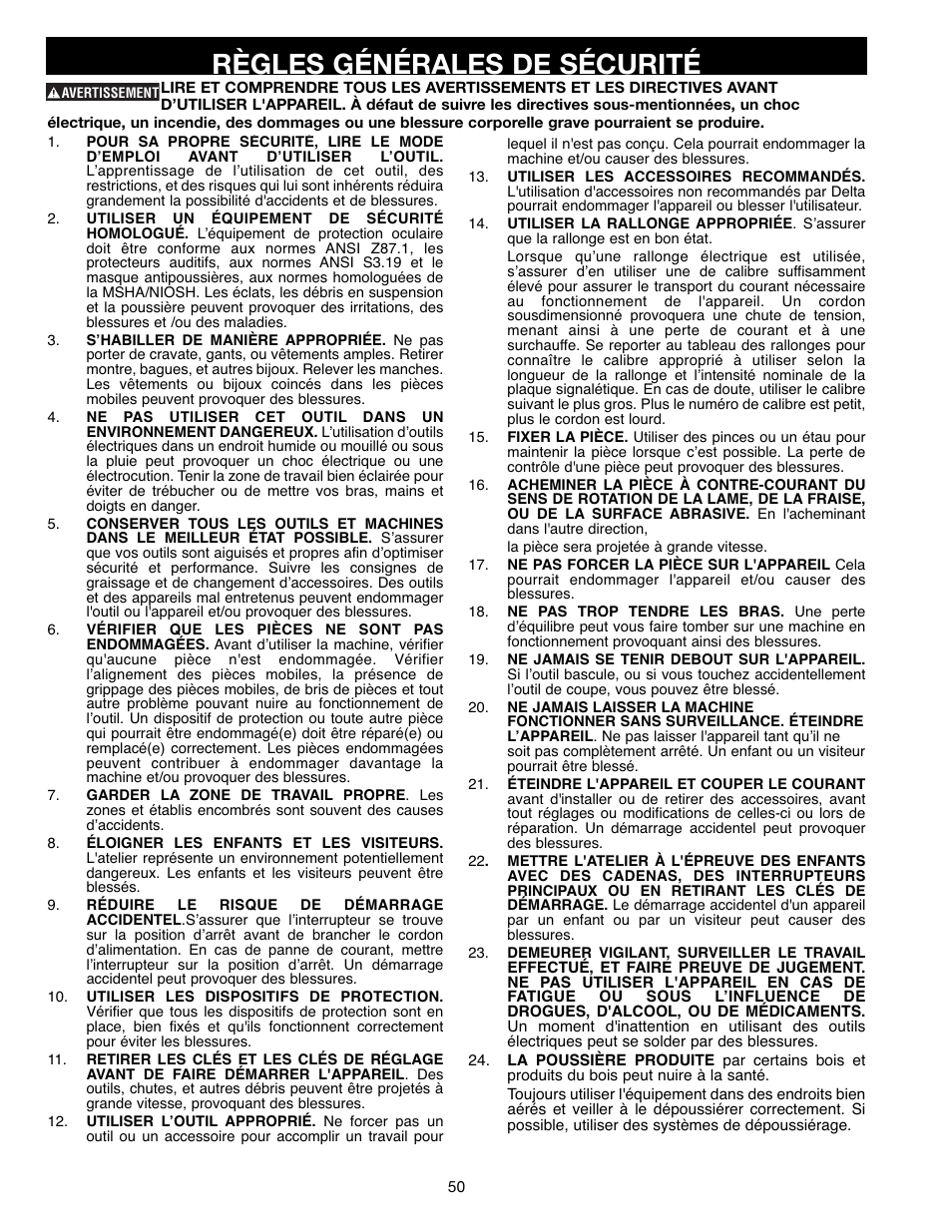 Règles générales de sécurité | Delta ShopMaster SM400 User Manual | Page 50 / 72