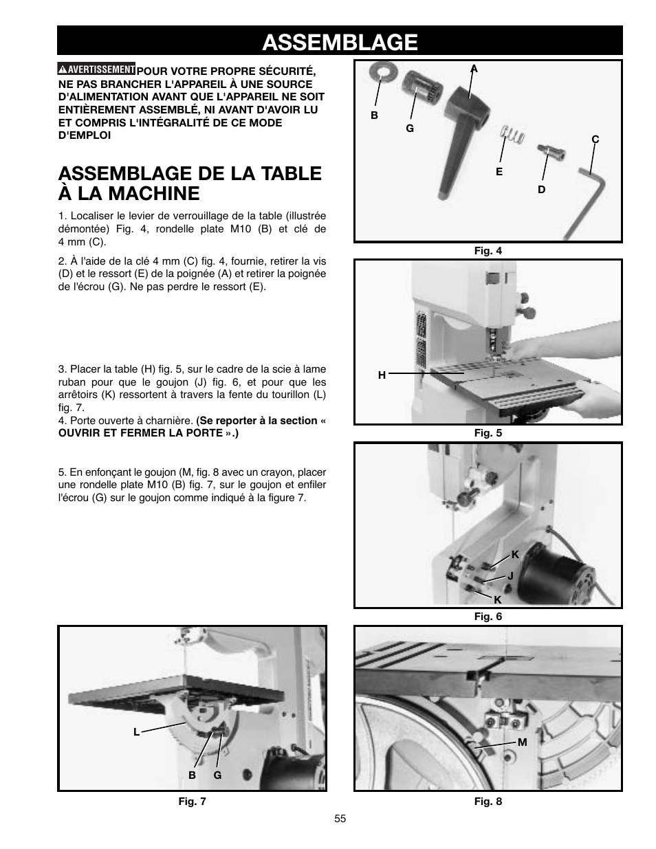 Assemblage, Assemblage de la table à la machine | Delta ShopMaster SM400 User Manual | Page 55 / 72