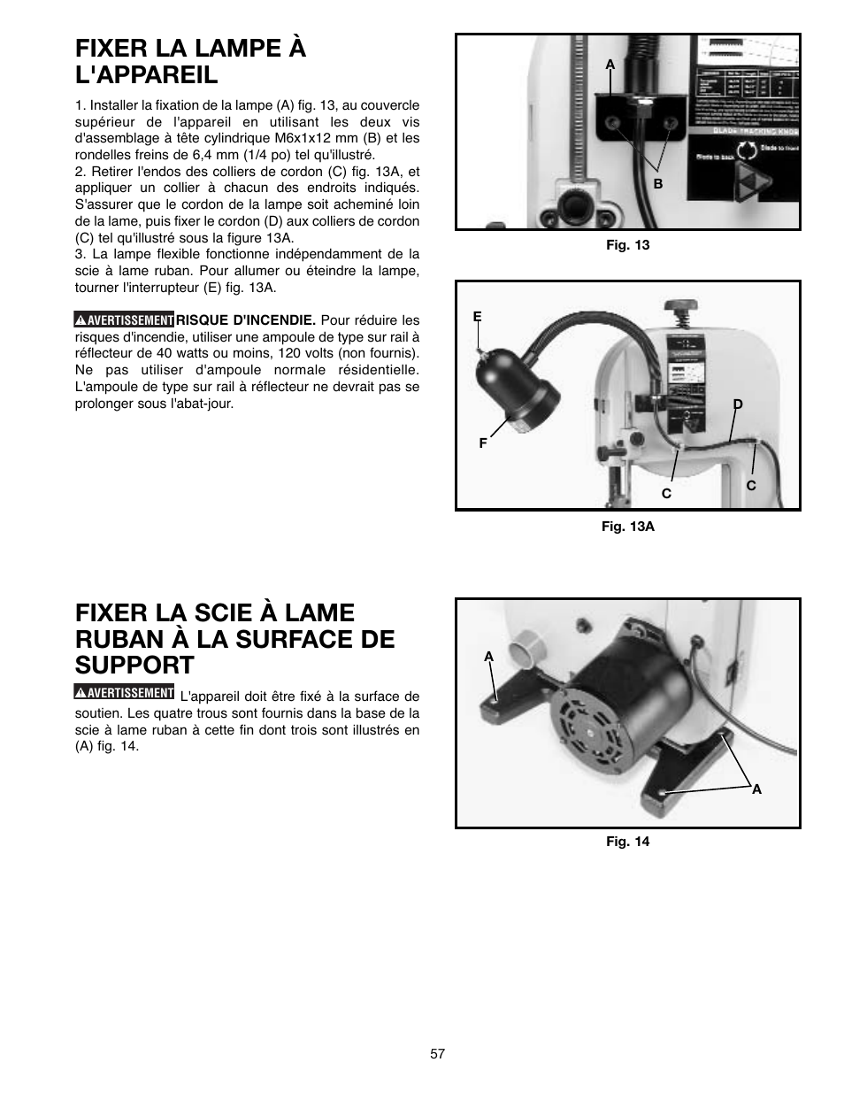 Fixer la lampe à l'appareil, Fixer la scie à lame ruban à la surface de support | Delta ShopMaster SM400 User Manual | Page 57 / 72