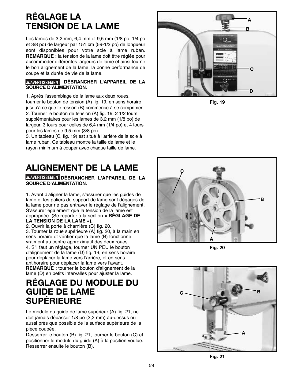 Réglage la tension de la lame, Alignement de la lame, Réglage du module du guide de lame supérieure | Delta ShopMaster SM400 User Manual | Page 59 / 72