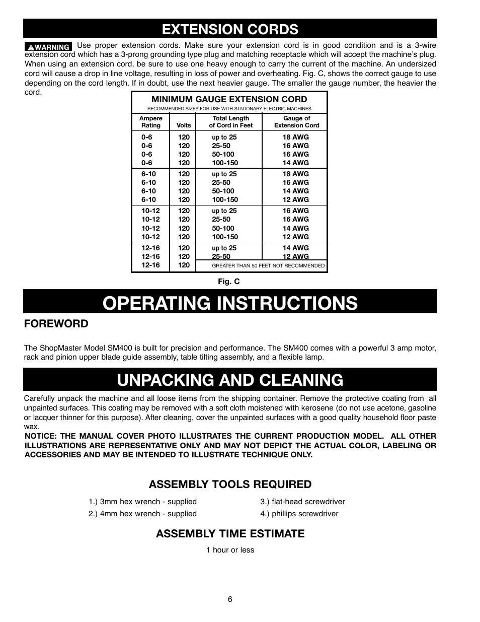 Operating instructions, Unpacking and cleaning, Extension cords | Foreword, Assembly tools required assembly time estimate | Delta ShopMaster SM400 User Manual | Page 6 / 72