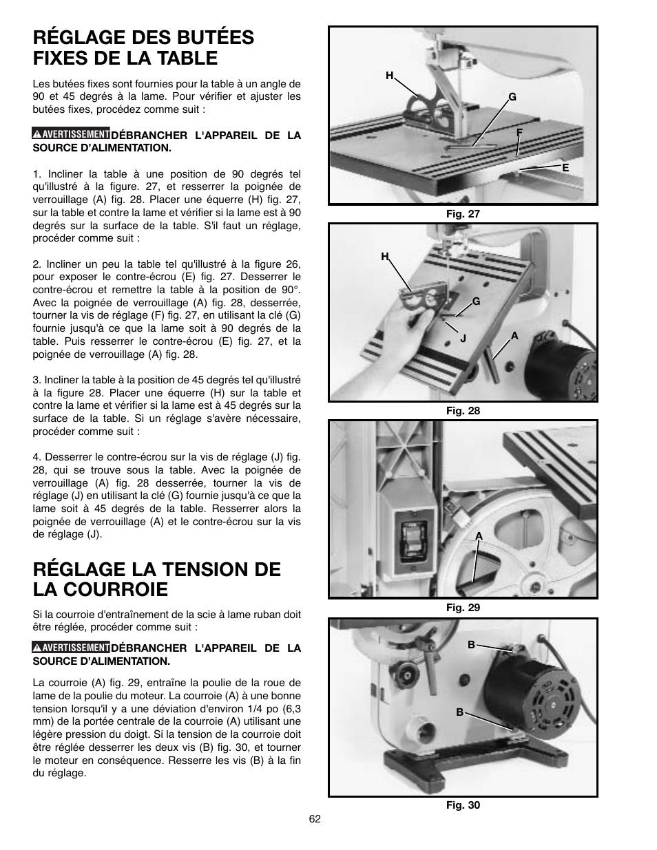 Réglage des butées fixes de la table, Réglage la tension de la courroie | Delta ShopMaster SM400 User Manual | Page 62 / 72