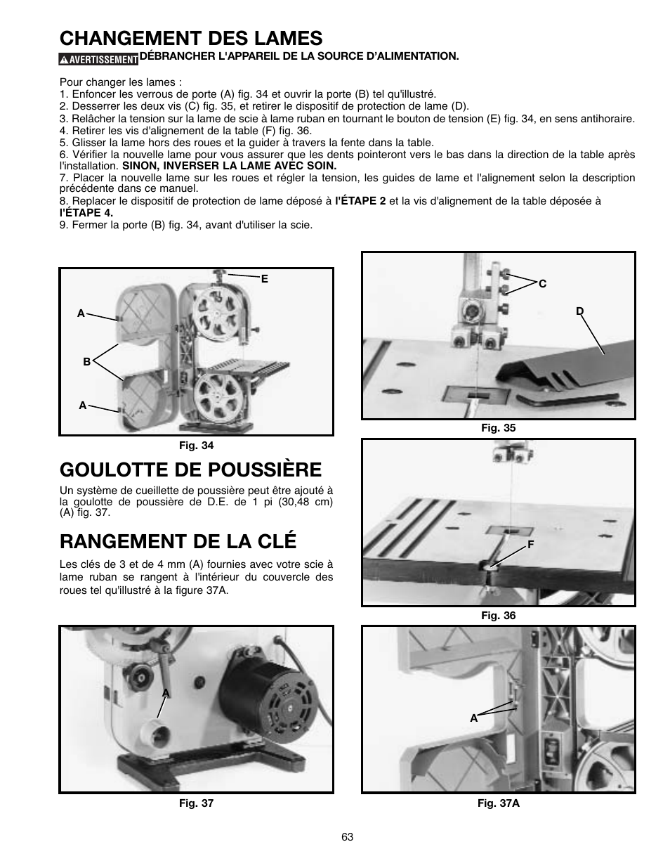 Rangement de la clé, Changement des lames, Goulotte de poussière | Delta ShopMaster SM400 User Manual | Page 63 / 72