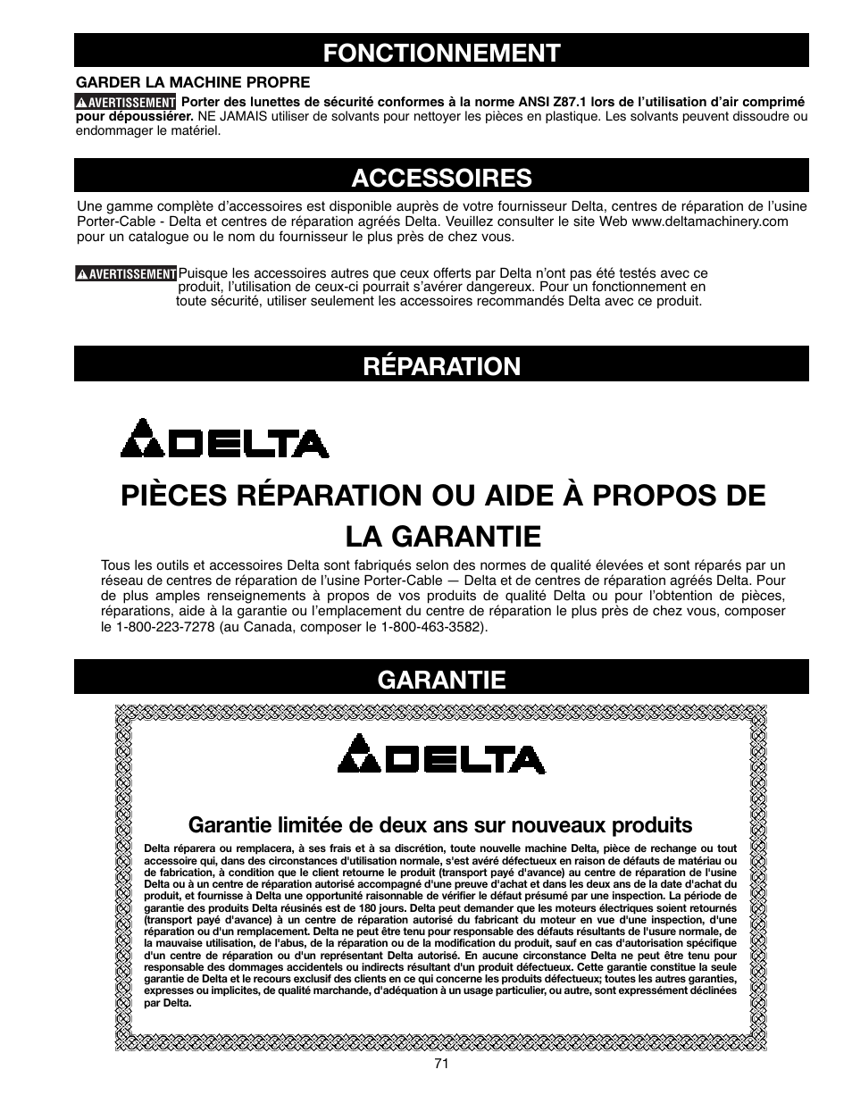 Pièces réparation ou aide à propos de la garantie, Fonctionnement, Accessoires | Réparation, Garantie, Garantie limitée de deux ans sur nouveaux produits | Delta ShopMaster SM400 User Manual | Page 71 / 72