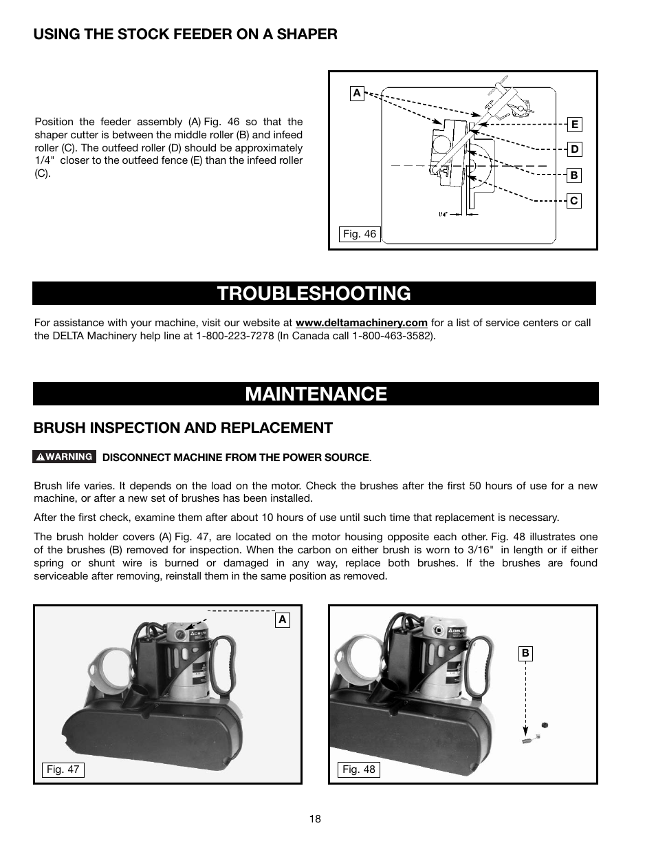 Troubleshooting, Maintenance, Brush inspection and replacement | Using the stock feeder on a shaper | Delta 36-865 User Manual | Page 18 / 20