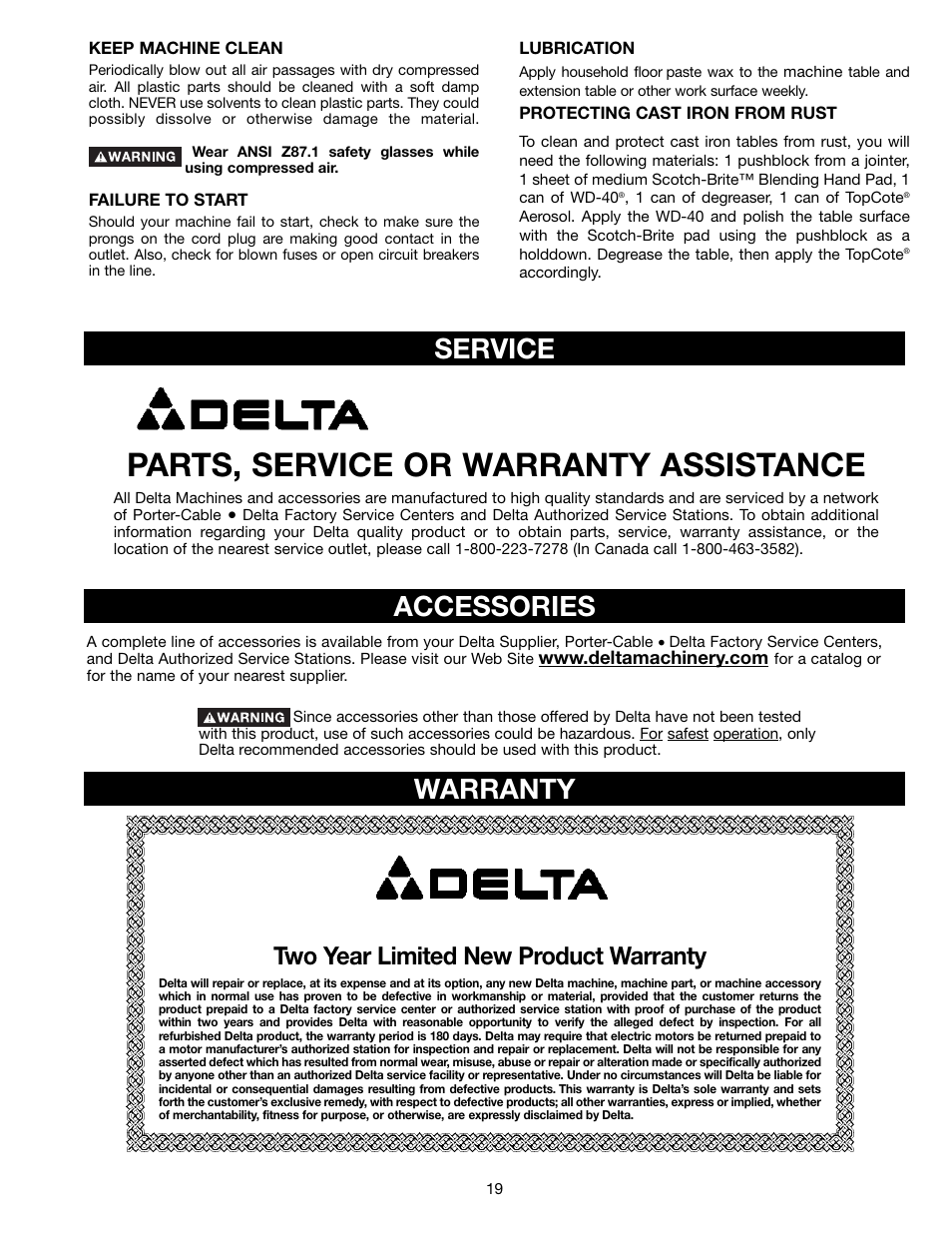 Parts, service or warranty assistance, Accessories, Service warranty | Two year limited new product warranty | Delta 36-865 User Manual | Page 19 / 20