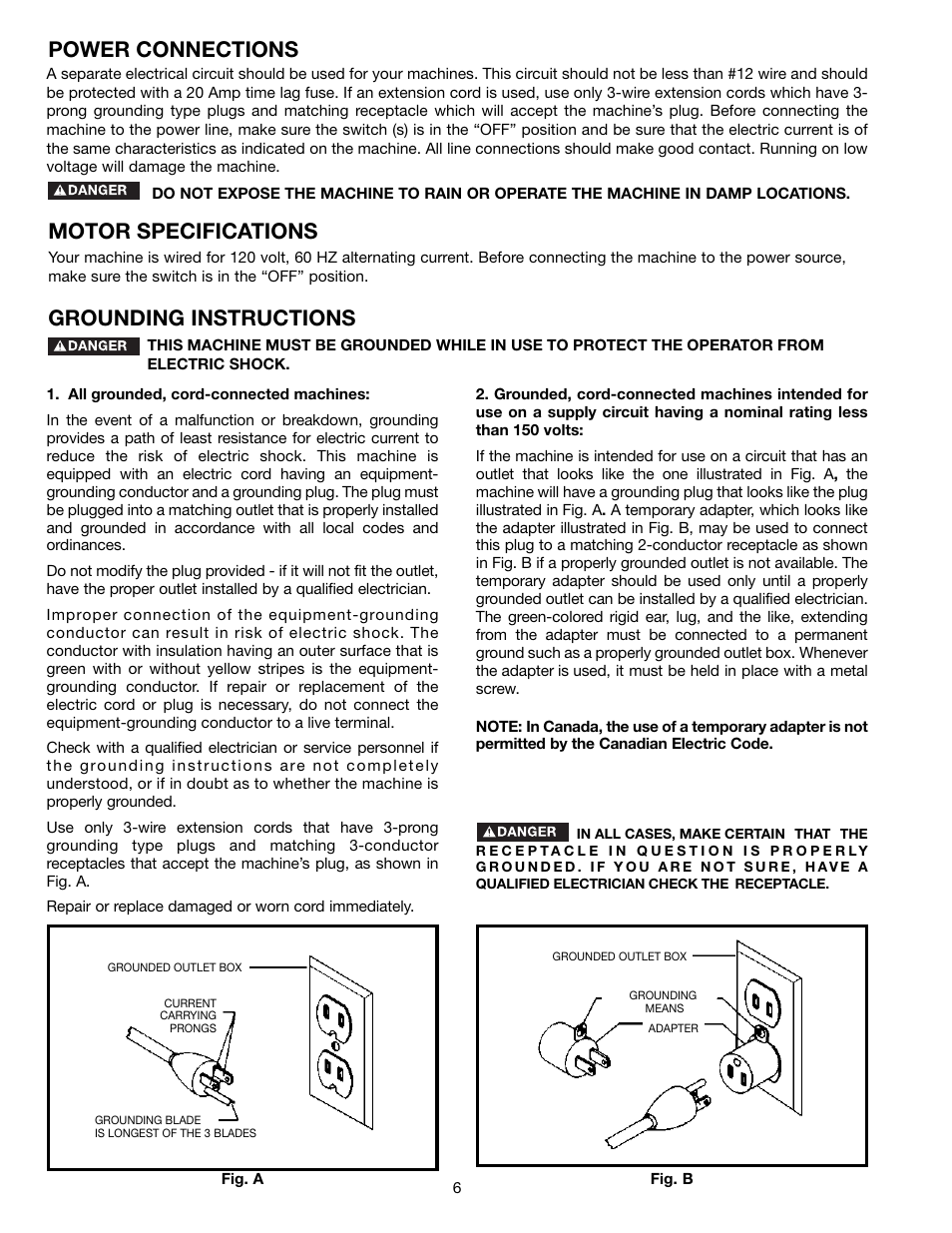 Power connections motor specifications, Grounding instructions | Delta 36-865 User Manual | Page 6 / 20