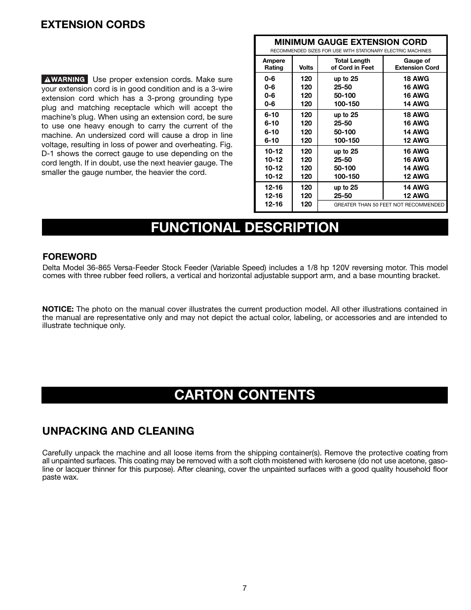 Functional description, Carton contents, Extension cords | Unpacking and cleaning, Foreword | Delta 36-865 User Manual | Page 7 / 20