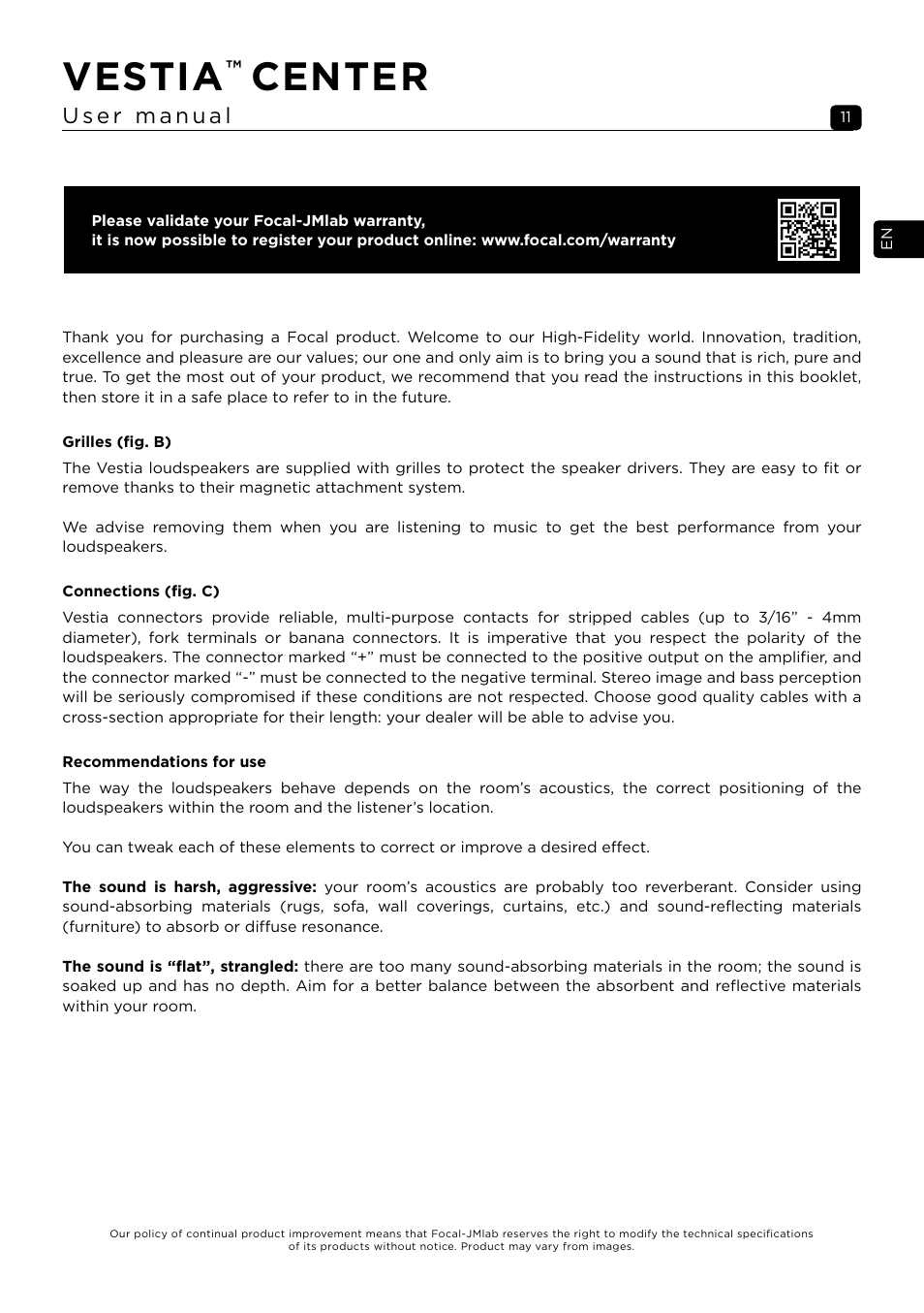 Vestia, Center | Focal Vestia Center 2-Way Center Channel Speaker (Dark Wood) User Manual | Page 11 / 47