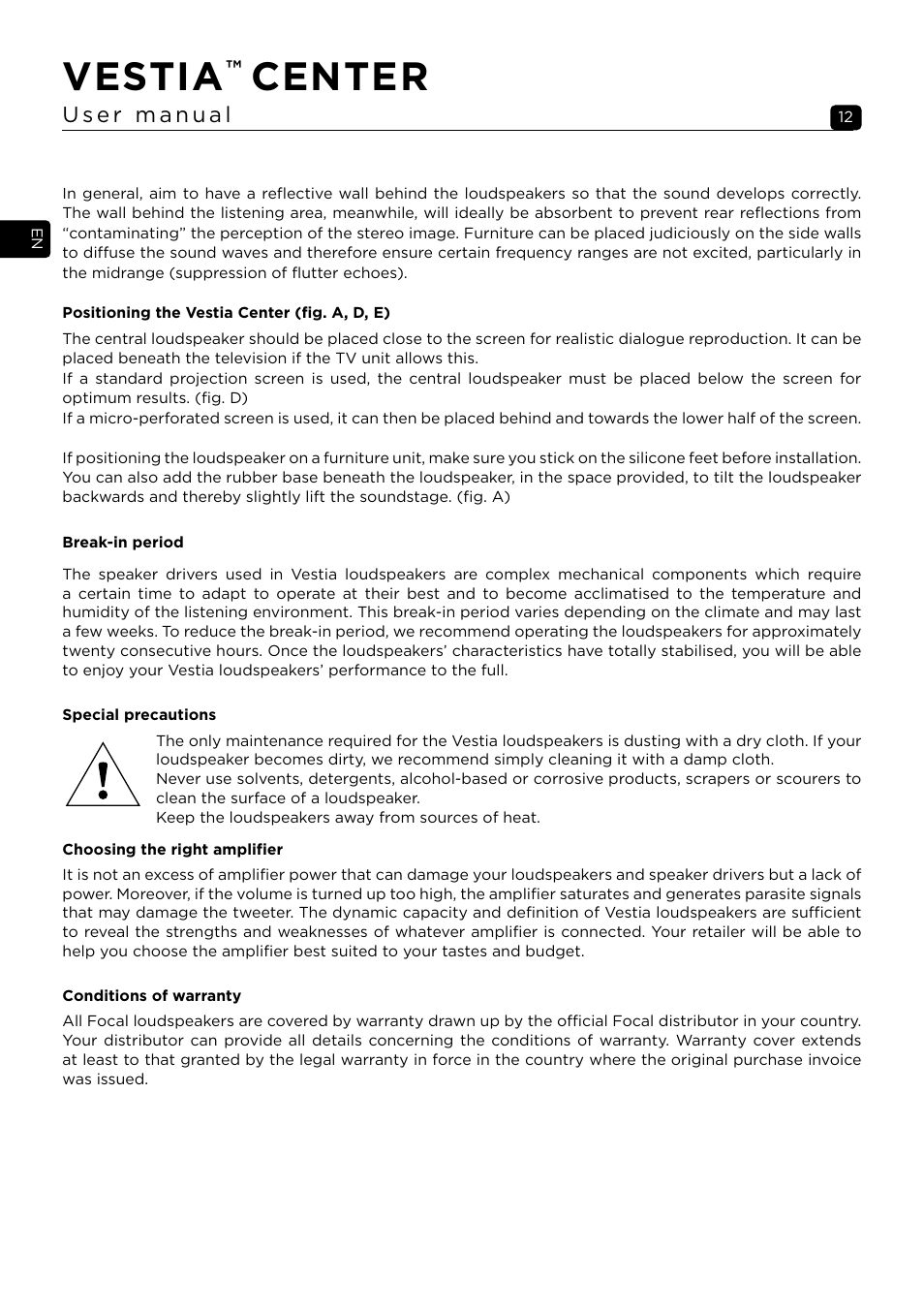 Vestia, Center | Focal Vestia Center 2-Way Center Channel Speaker (Dark Wood) User Manual | Page 12 / 47