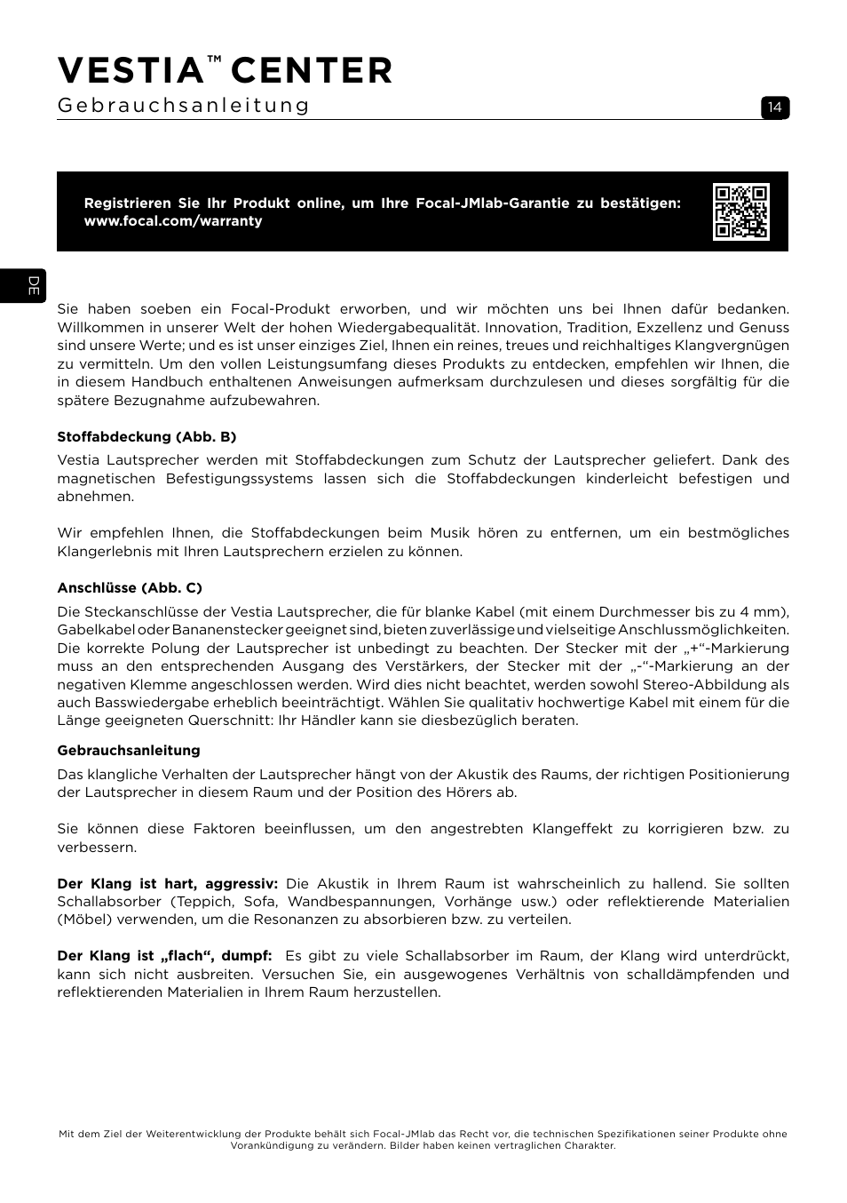 Vestia, Center | Focal Vestia Center 2-Way Center Channel Speaker (Dark Wood) User Manual | Page 14 / 47