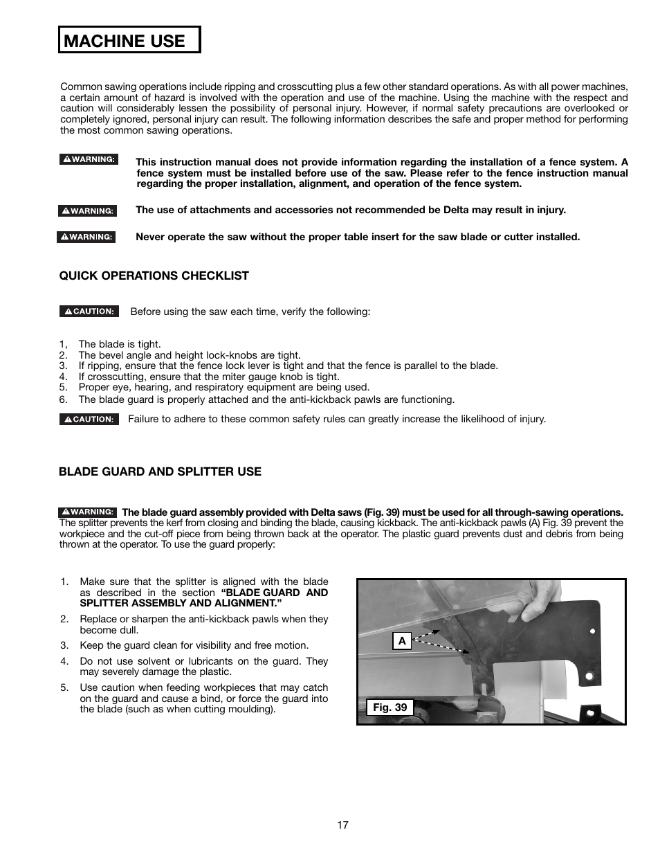 Machine use | Delta 36-714B User Manual | Page 17 / 76