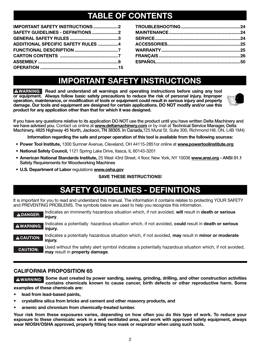Table of contents important safety instructions, Safety guidelines - definitions | Delta 36-714B User Manual | Page 2 / 76