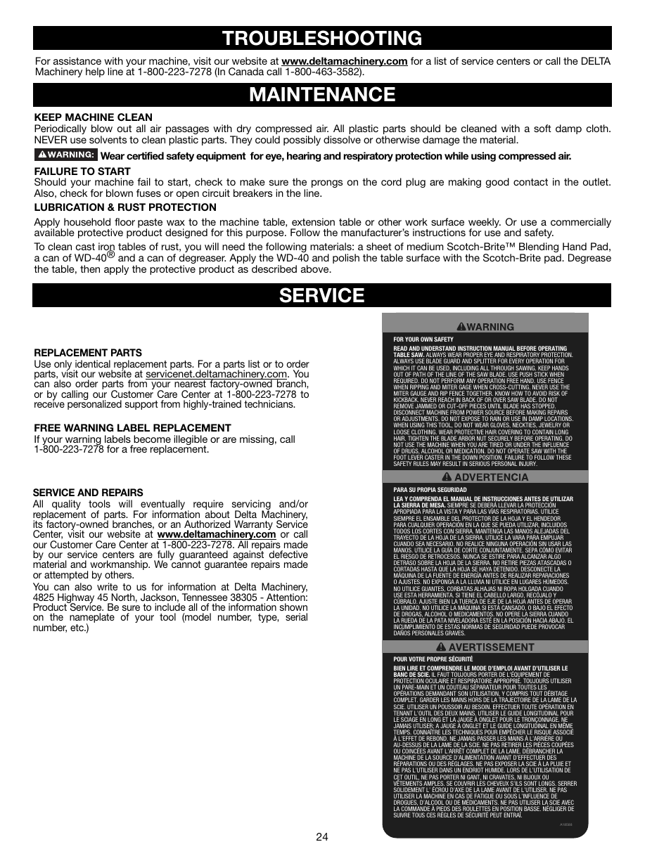 Troubleshooting, Maintenance, Service | Delta 36-714B User Manual | Page 24 / 76