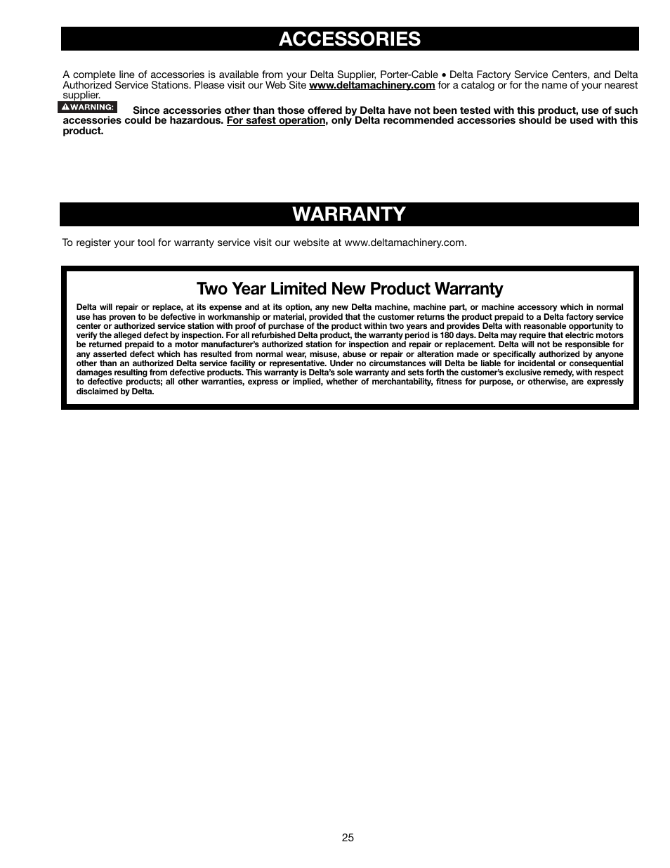 Warranty, Accessories, Two year limited new product warranty | Delta 36-714B User Manual | Page 25 / 76