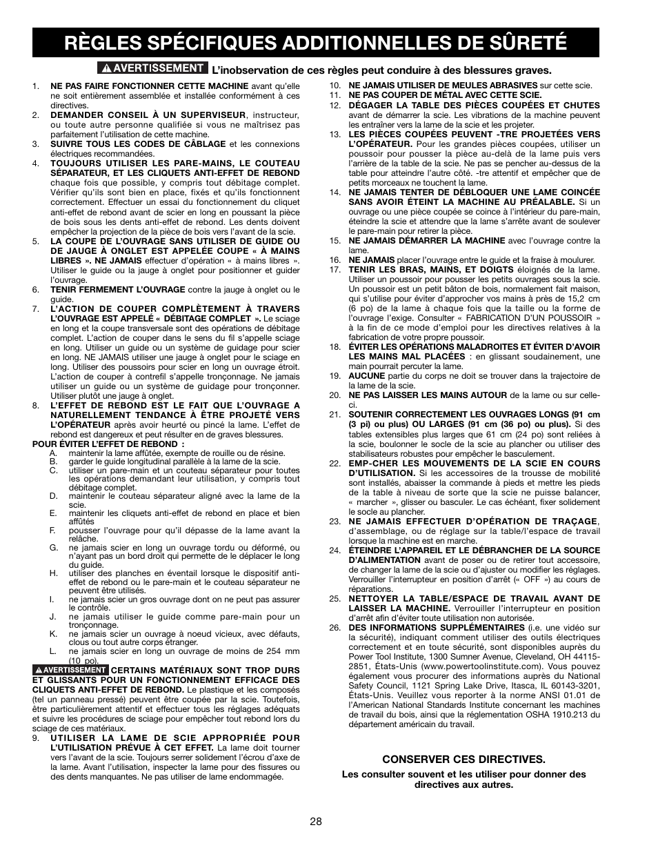 Règles spécifiques additionnelles de sûreté | Delta 36-714B User Manual | Page 28 / 76