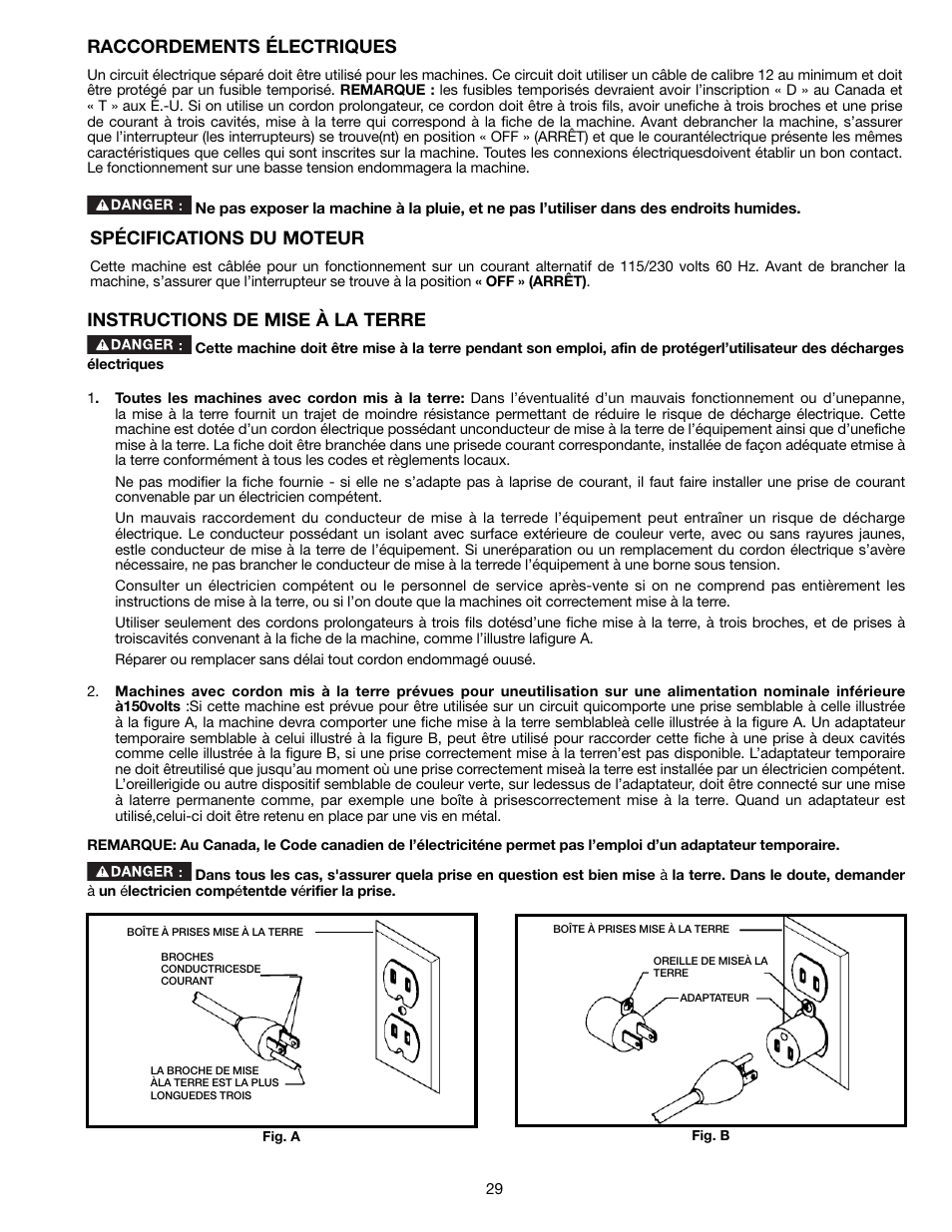 Raccordements électriques, Instructions de mise à la terre, Spécifications du moteur | Delta 36-714B User Manual | Page 29 / 76