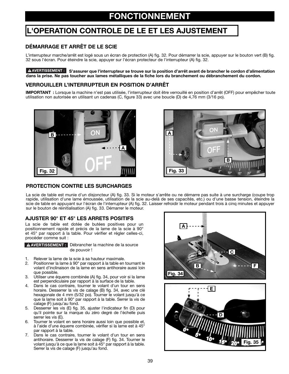 Fonctionnement, L'operation controle de le et les ajustement s | Delta 36-714B User Manual | Page 39 / 76