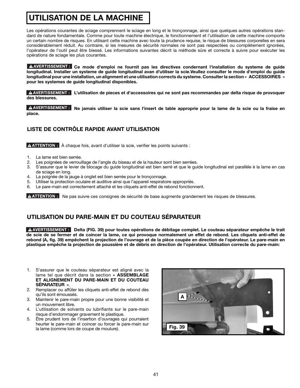 Utilisation de la machine | Delta 36-714B User Manual | Page 41 / 76