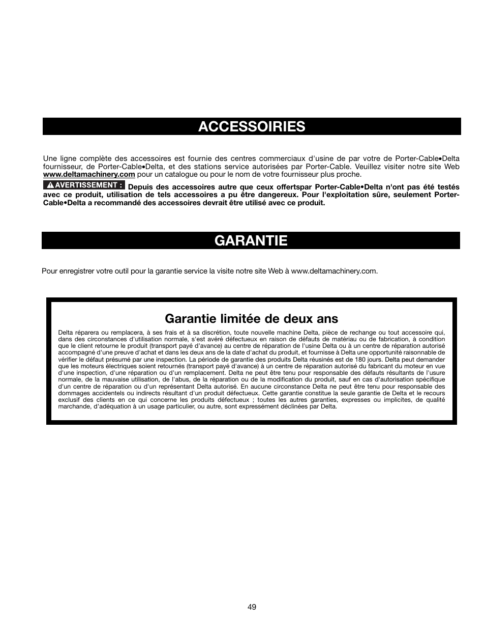 Accessoiries garantie, Garantie limitée de deux ans | Delta 36-714B User Manual | Page 49 / 76