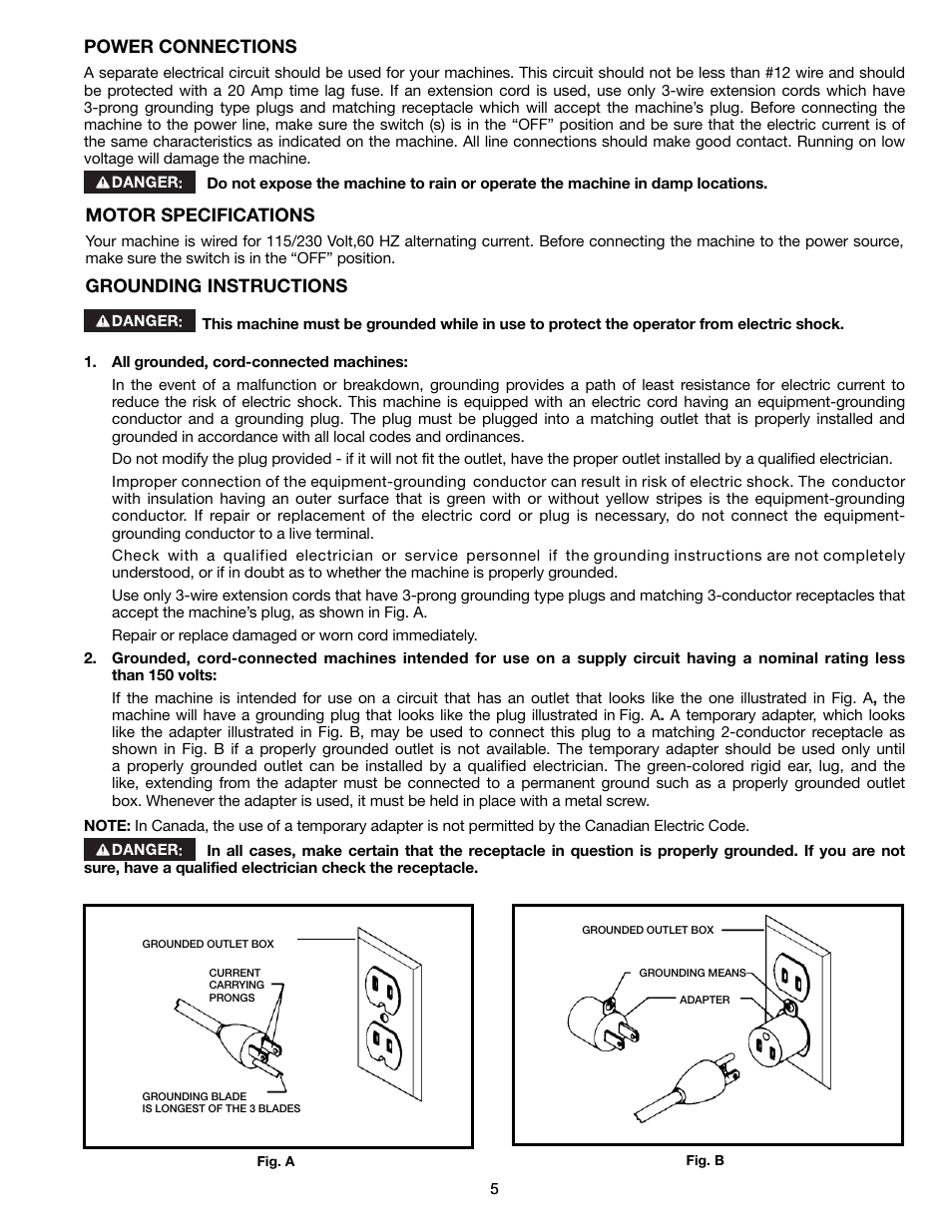 Power connections, Motor specifications, Grounding instructions | Delta 36-714B User Manual | Page 5 / 76