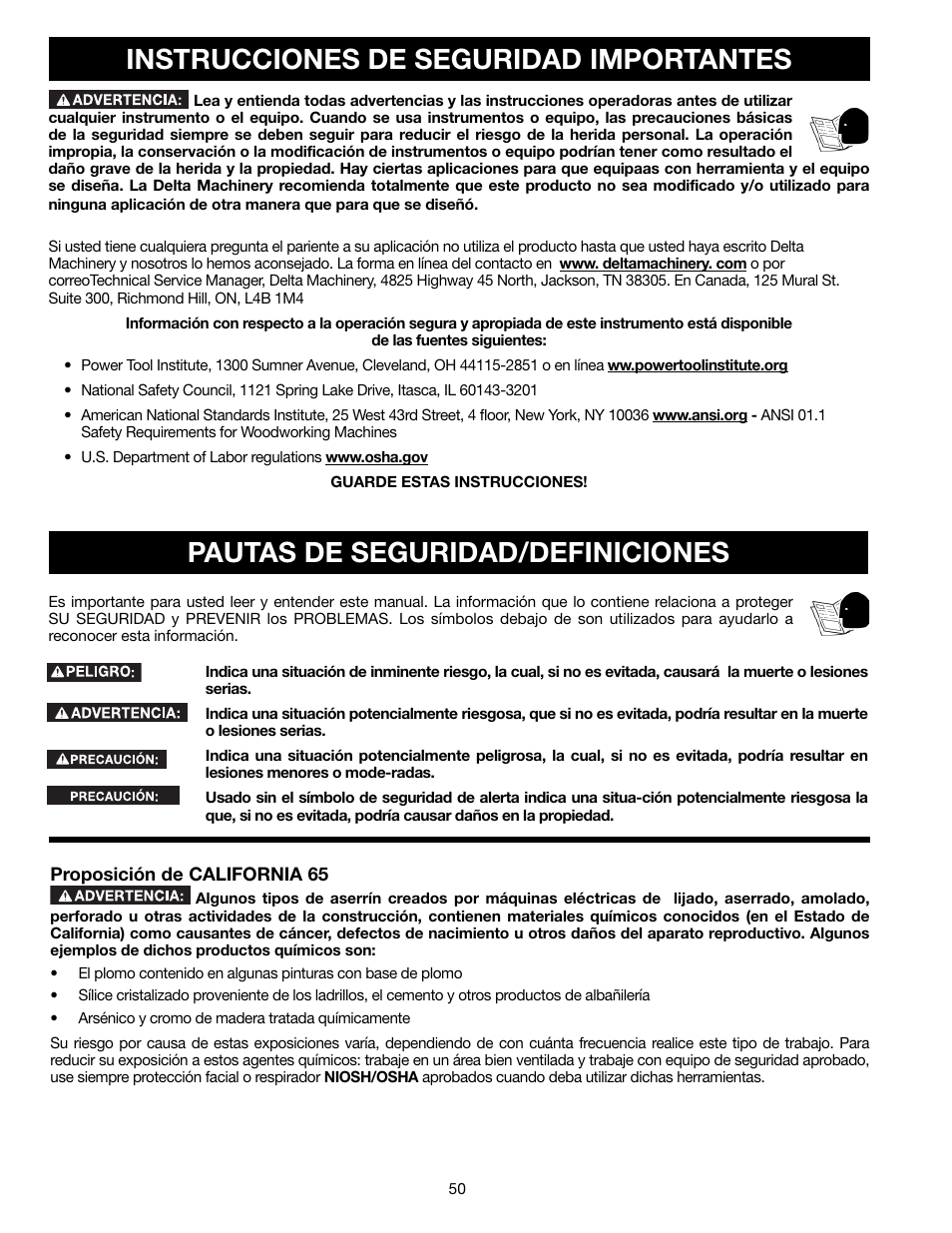 Instrucciones de seguridad importantes, Pautas de seguridad/definiciones | Delta 36-714B User Manual | Page 50 / 76
