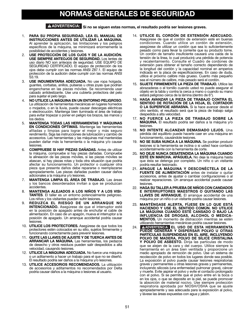 Normas generales de seguridad | Delta 36-714B User Manual | Page 51 / 76