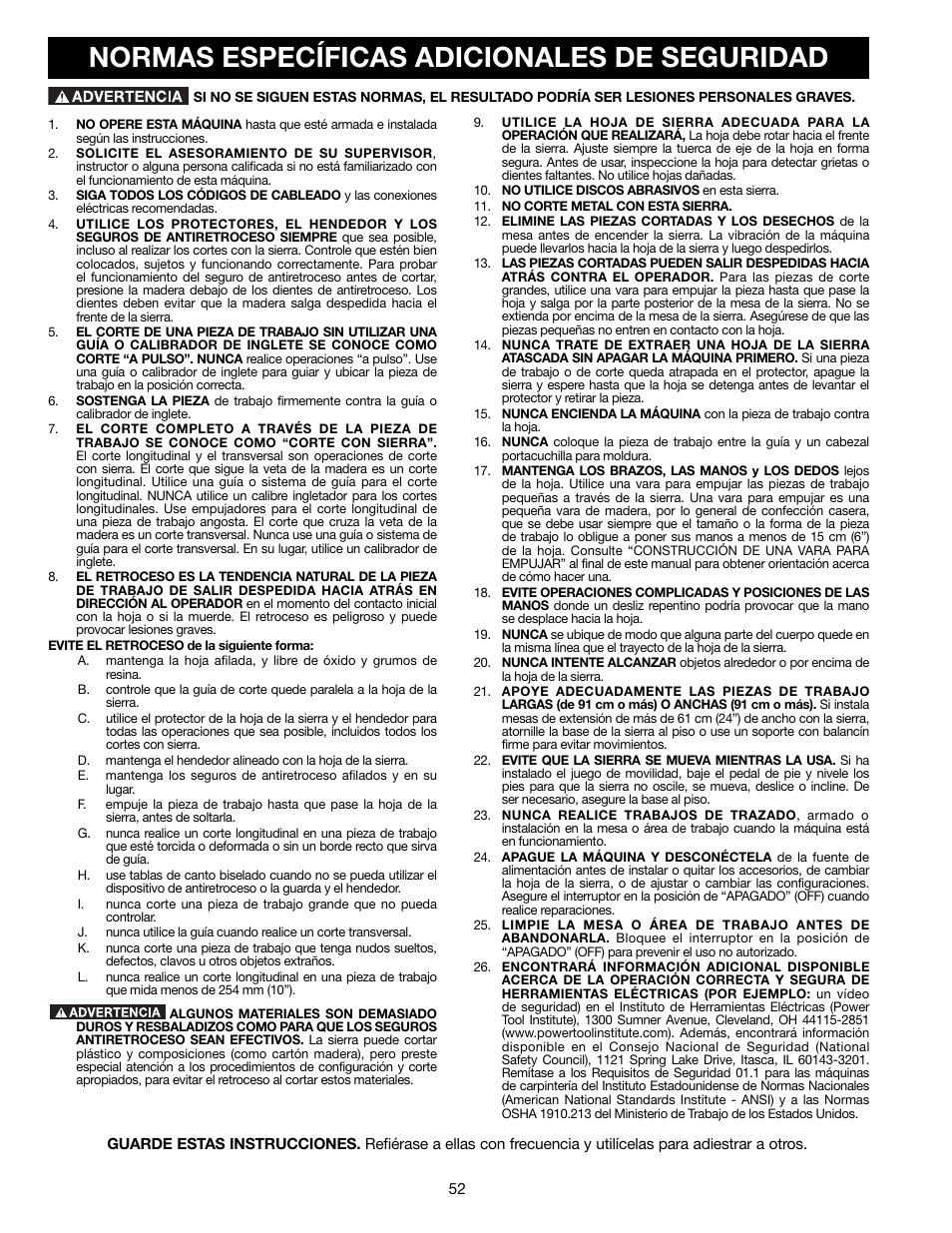 Normas específicas adicionales de seguridad | Delta 36-714B User Manual | Page 52 / 76