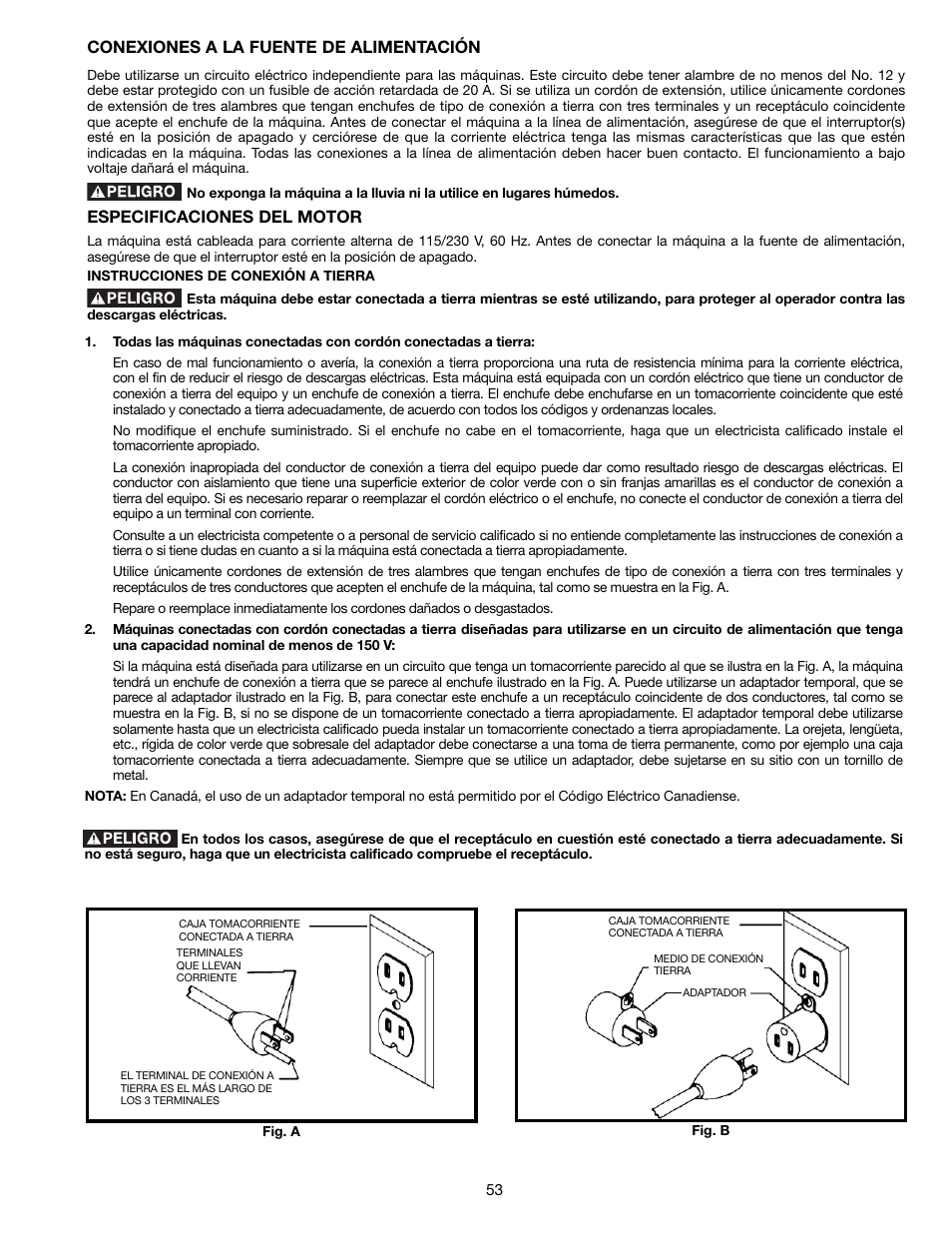 Conexiones a la fuente de alimentación, Especificaciones del motor | Delta 36-714B User Manual | Page 53 / 76