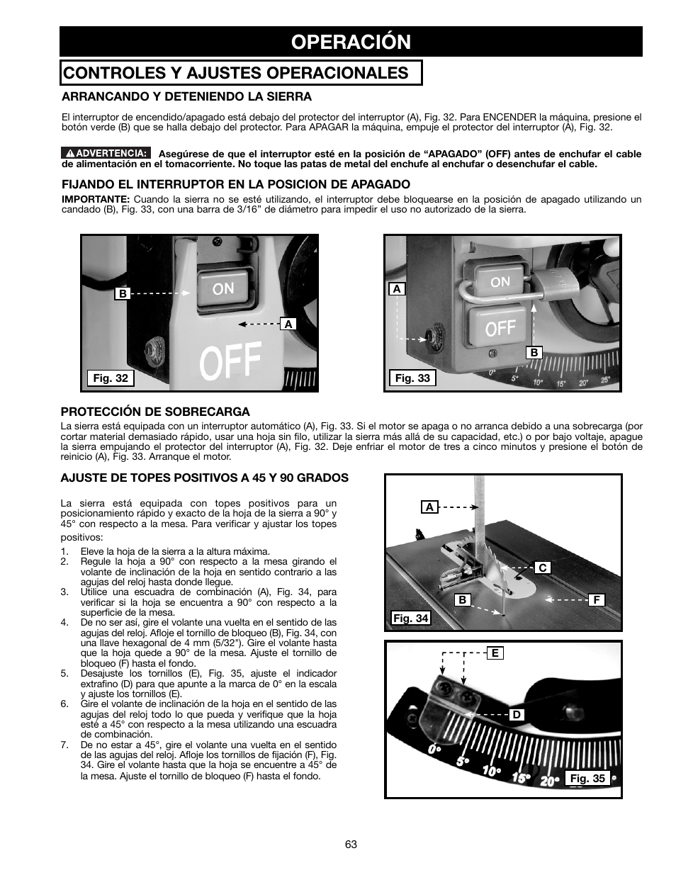 Operación, Controles y ajustes operacionales | Delta 36-714B User Manual | Page 63 / 76