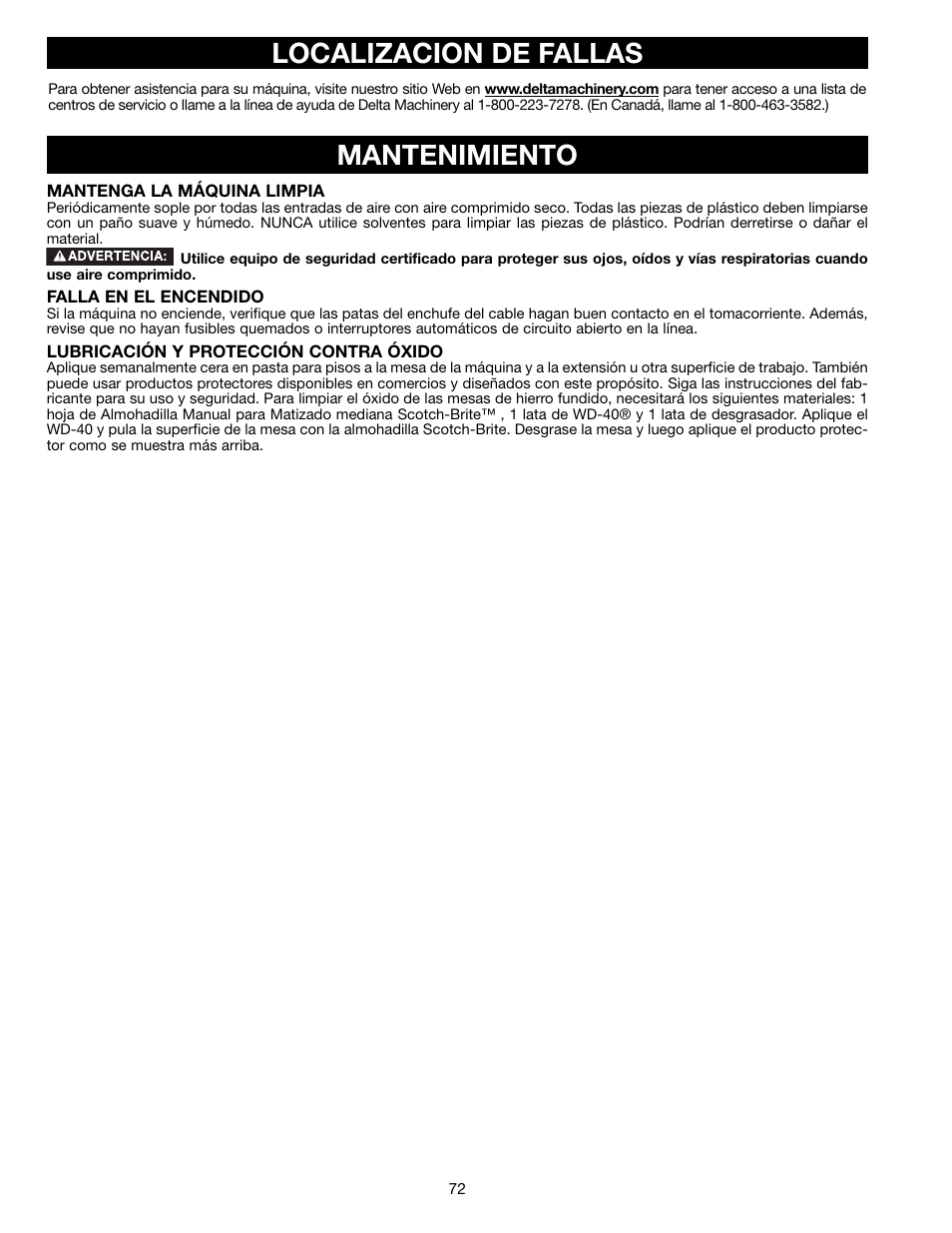 Mantenimiento localizacion de fallas | Delta 36-714B User Manual | Page 72 / 76