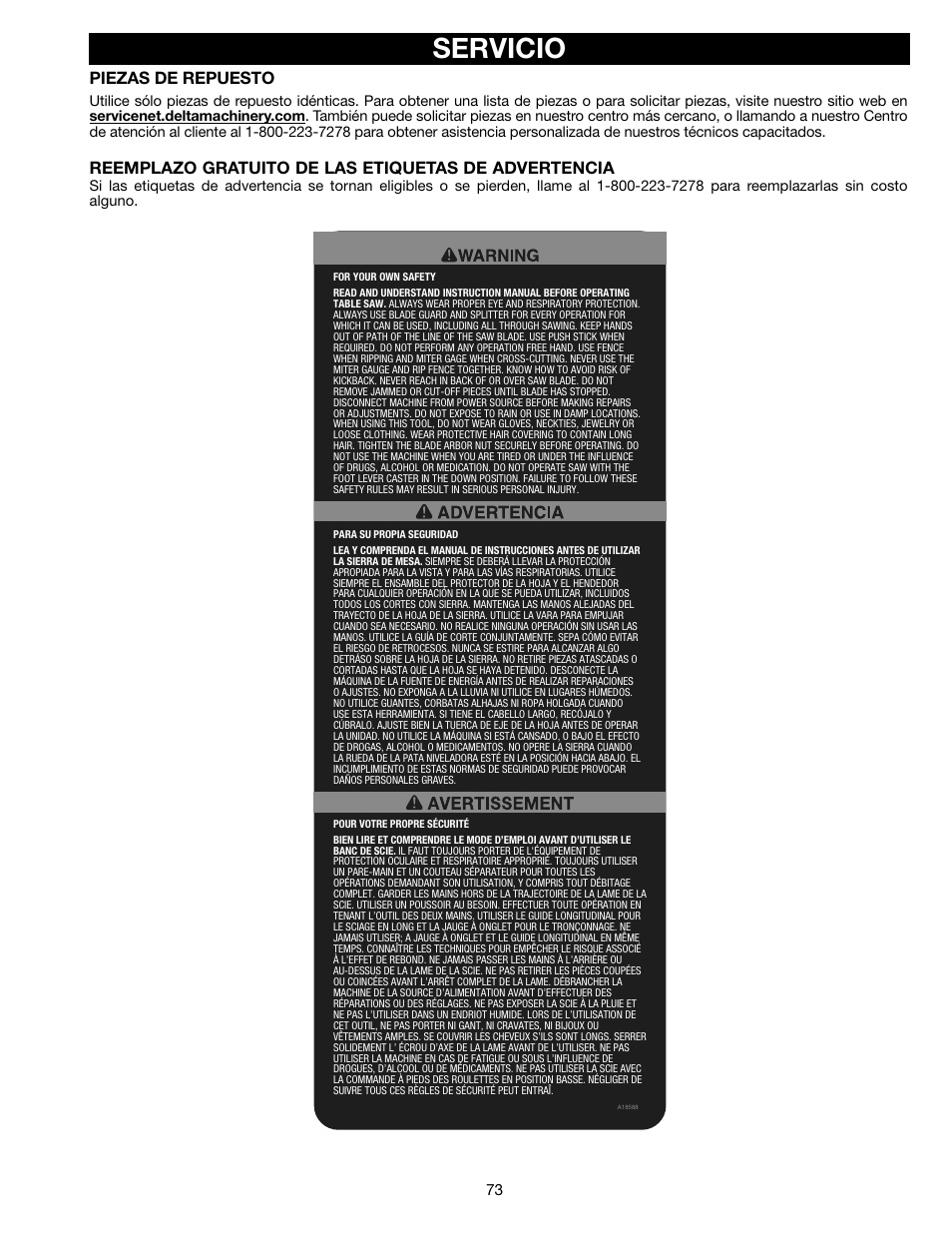 Servicio, Piezas de repuesto, Reemplazo gratuito de las etiquetas de advertencia | Delta 36-714B User Manual | Page 73 / 76