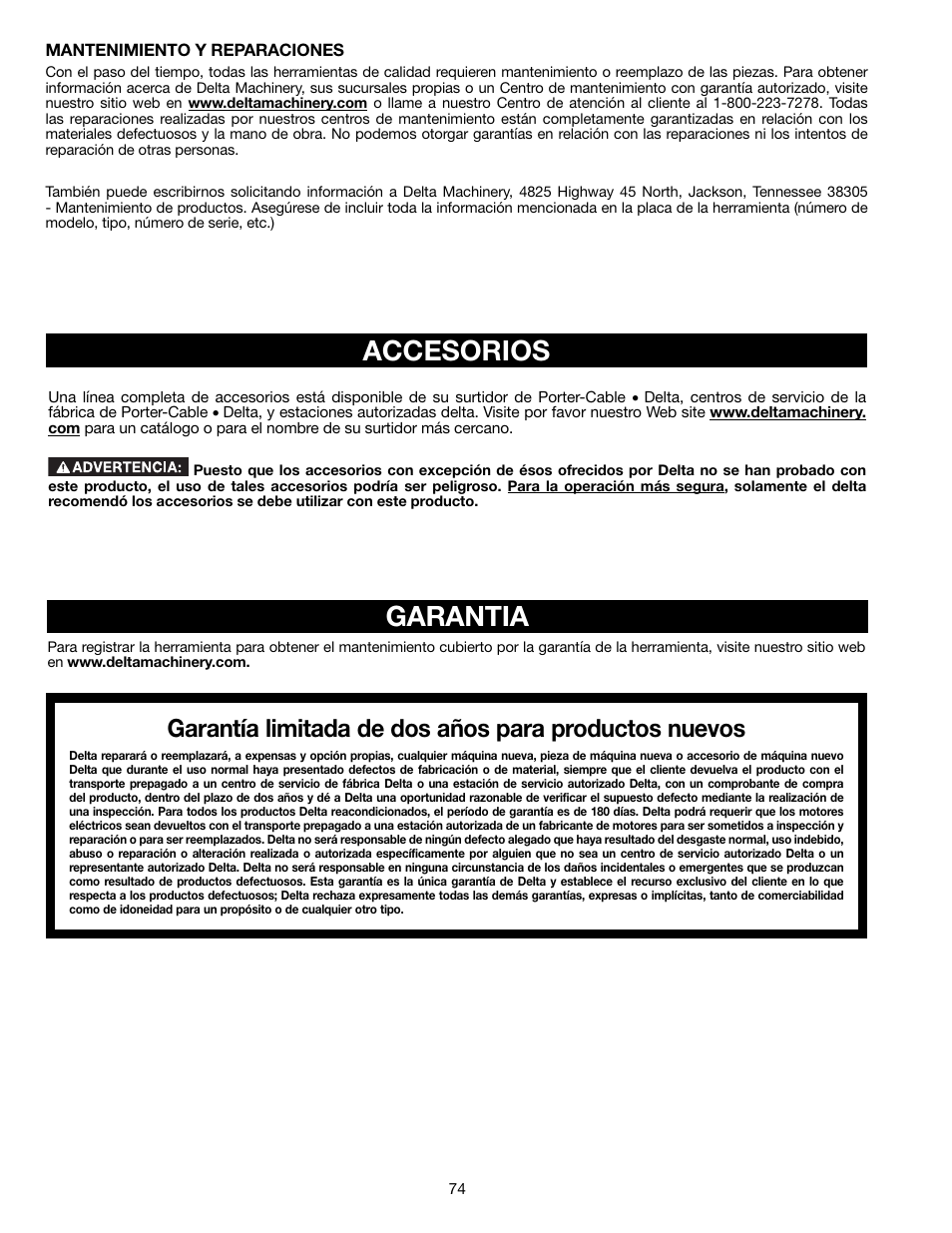 Garantia, Accesorios | Delta 36-714B User Manual | Page 74 / 76