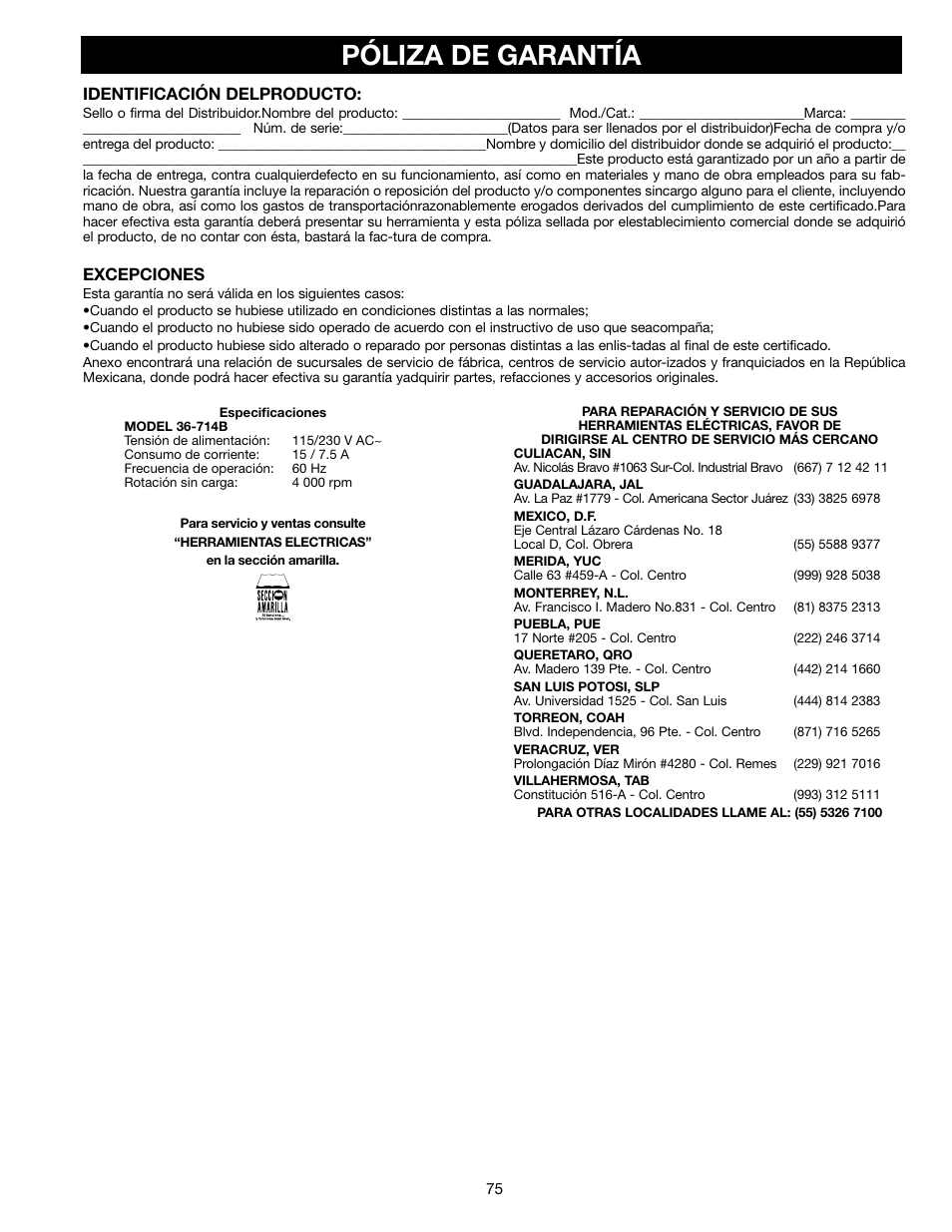 Póliza de garantía | Delta 36-714B User Manual | Page 75 / 76