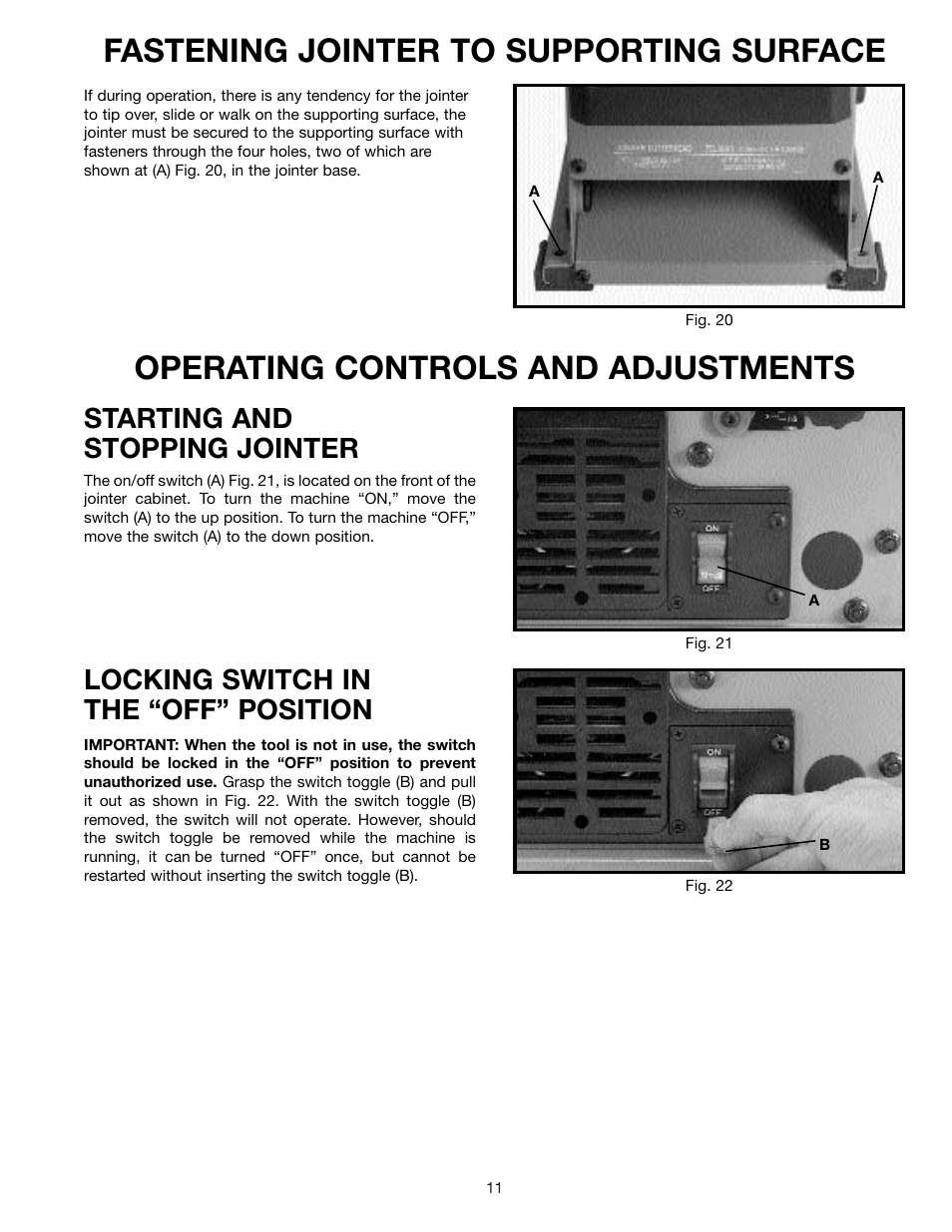 Fastening jointer to supporting surface, Operating controls and adjustments, Starting and stopping jointer | Locking switch in the “off” position | Delta 37-070 User Manual | Page 11 / 21