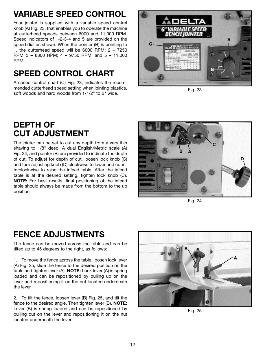 Variable speed control, Speed control chart, Depth of cut adjustment | Fence adjustments | Delta 37-070 User Manual | Page 12 / 21