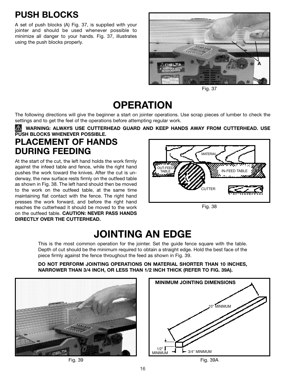 Jointing an edge, Operation, Push blocks | Placement of hands during feeding | Delta 37-070 User Manual | Page 16 / 21