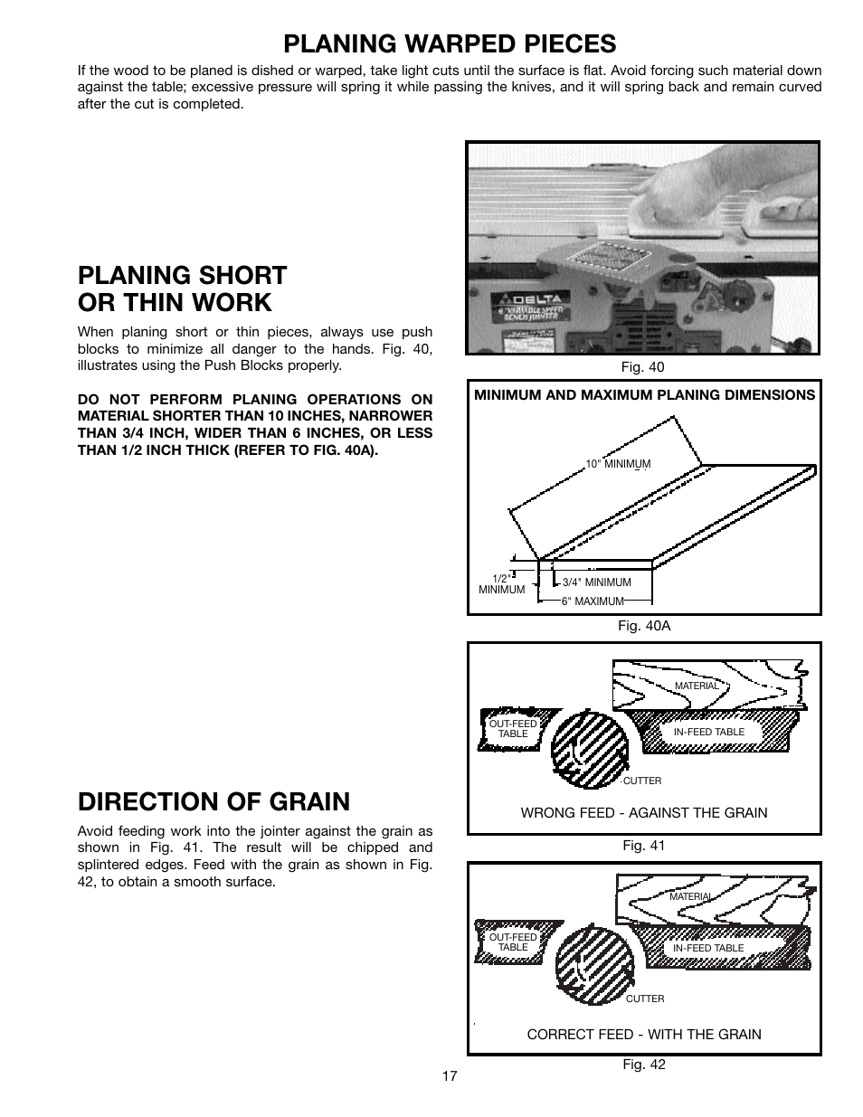 Planing warped pieces, Planing short or thin work, Direction of grain | Delta 37-070 User Manual | Page 17 / 21