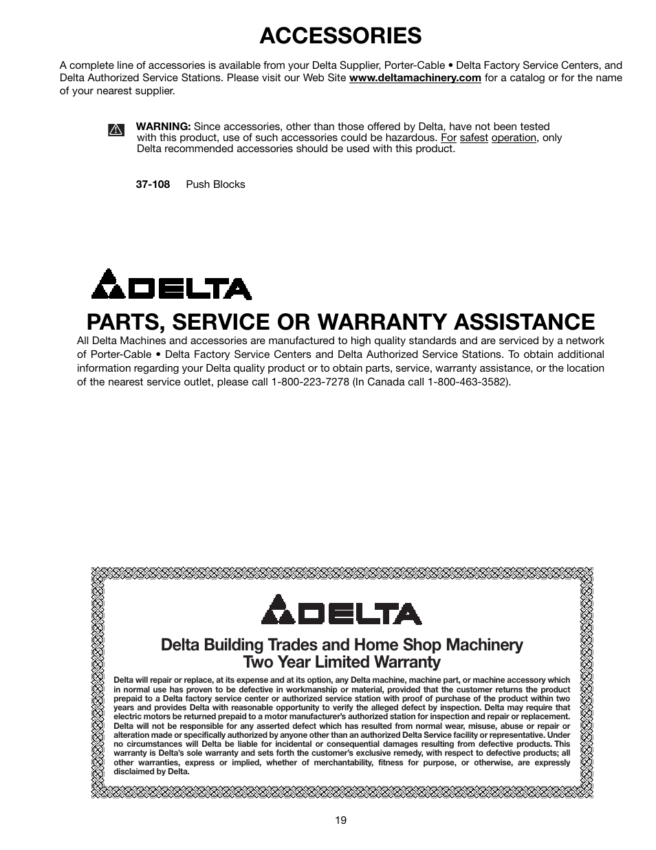 Parts, service or warranty assistance, Accessories | Delta 37-070 User Manual | Page 19 / 21