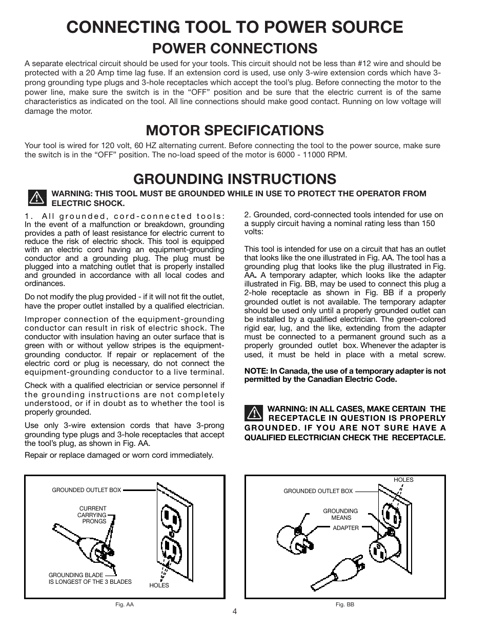 Connecting tool to power source, Power connections, Motor specifications | Grounding instructions | Delta 37-070 User Manual | Page 4 / 21