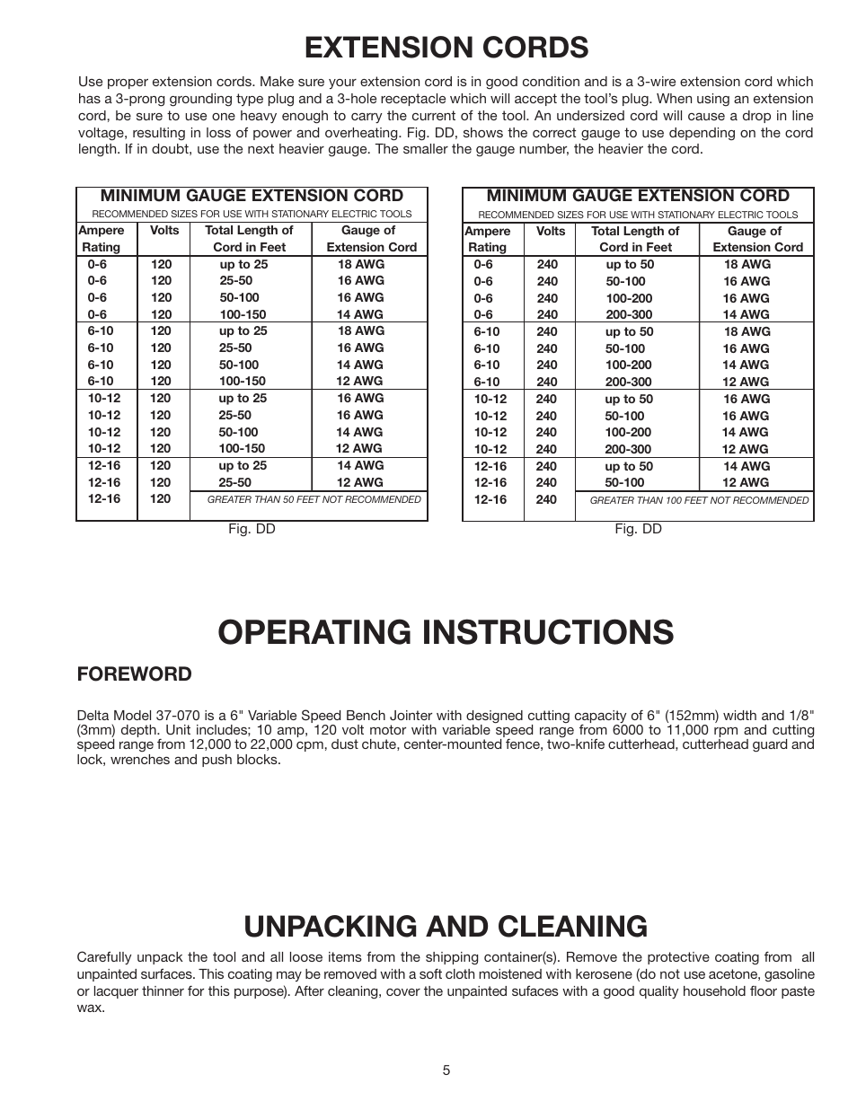 Operating instructions, Extension cords, Unpacking and cleaning | Foreword | Delta 37-070 User Manual | Page 5 / 21