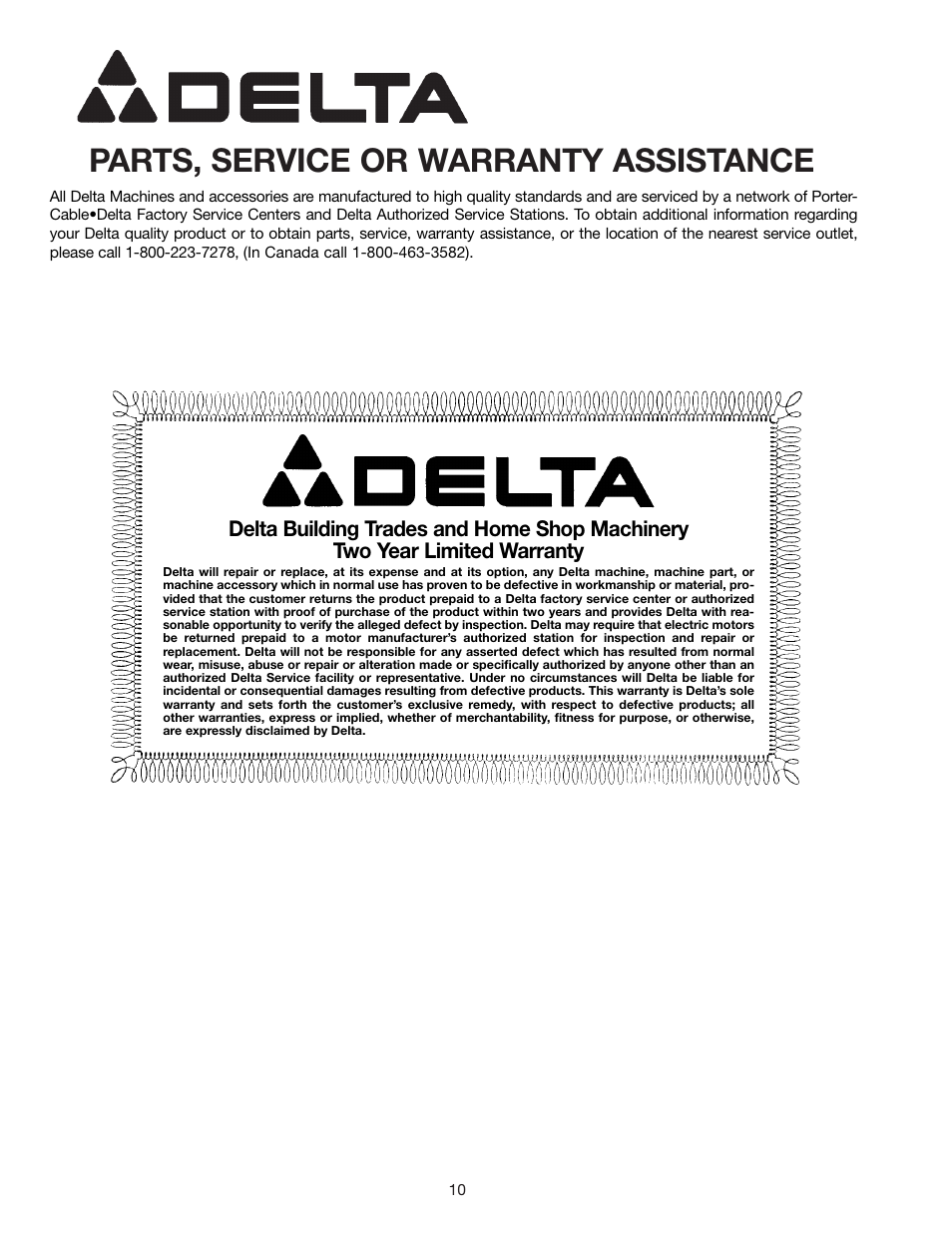 Parts, service or warranty assistance | Delta 23-665 User Manual | Page 10 / 10