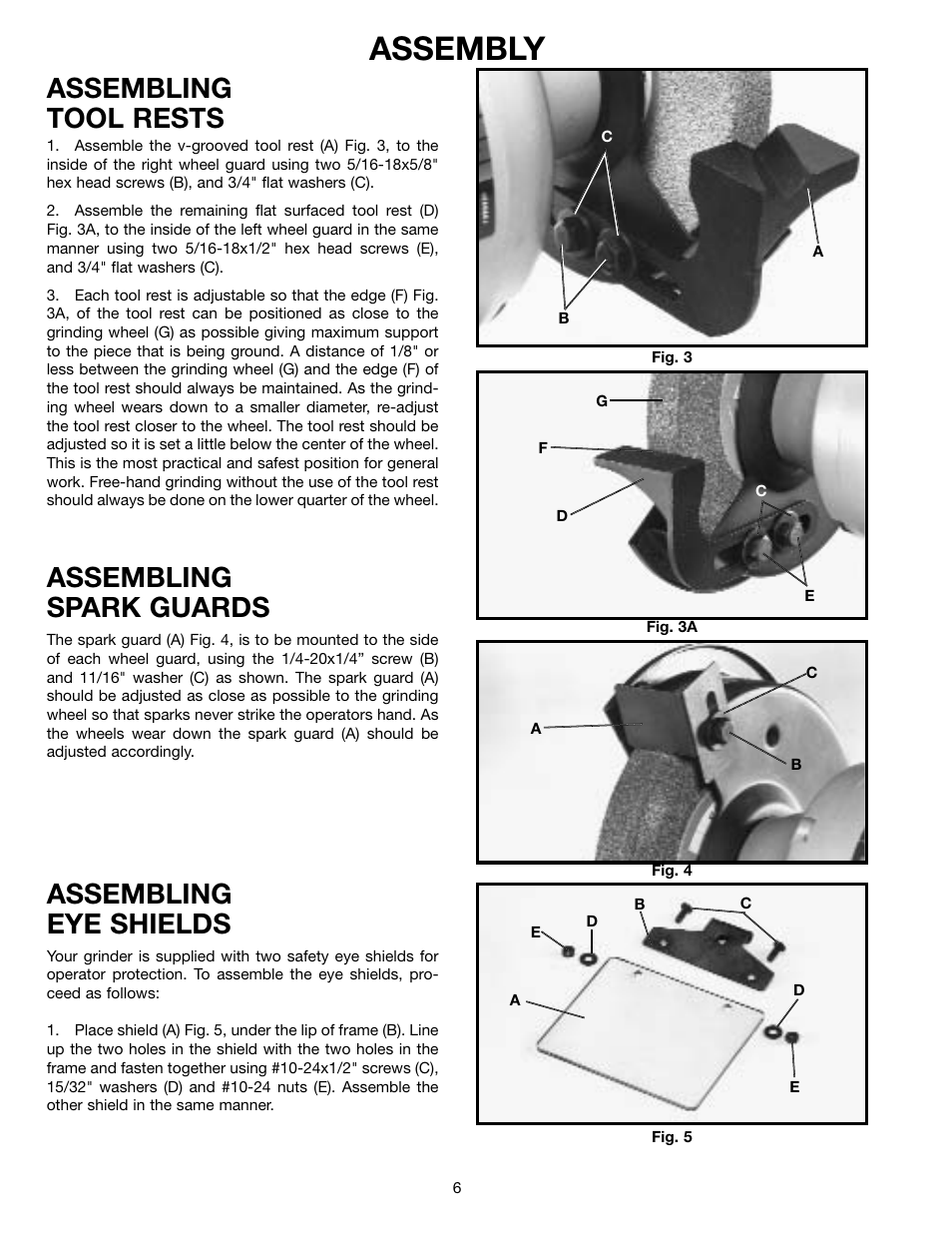 Assembly, Assembling tool rests, Assembling spark guards | Assembling eye shields | Delta 23-665 User Manual | Page 6 / 10