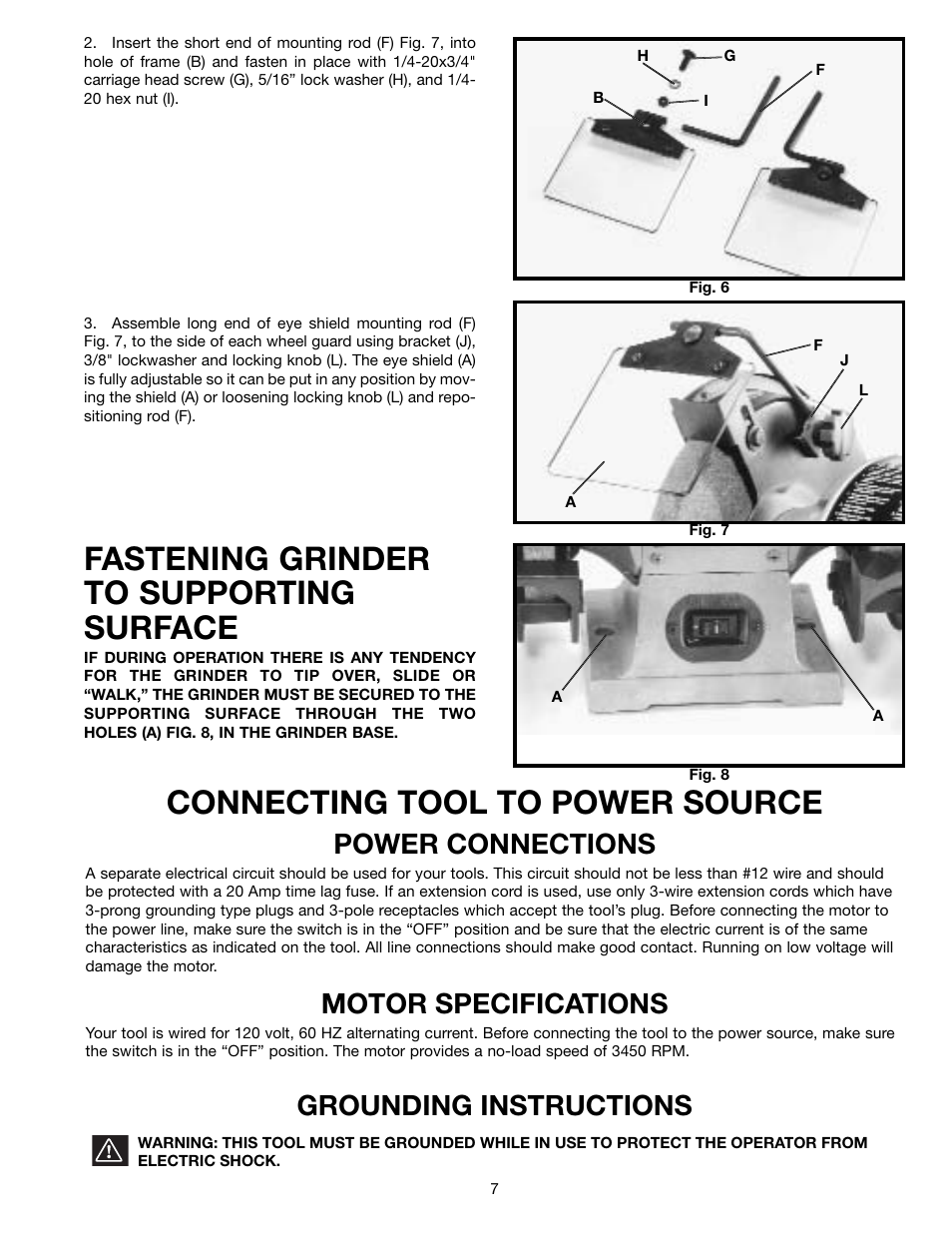 Fastening grinder to supporting surface, Connecting tool to power source, Power connections | Motor specifications, Grounding instructions | Delta 23-665 User Manual | Page 7 / 10